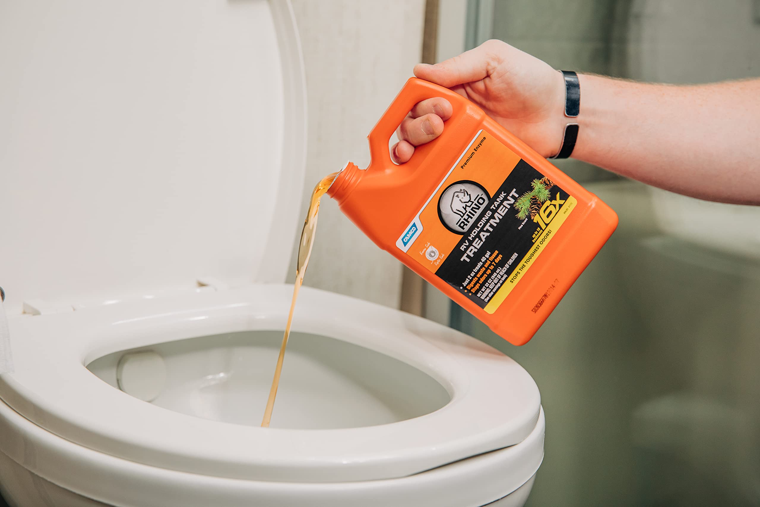 Camco Rhinoflex Premium Enzyme Rv Holding Tank Treatment | Features A Biodegradable Septic Safe Formula, A Pine Scent, And Is Ideal For Rving, Boating, And More | 16 Oz (41512)