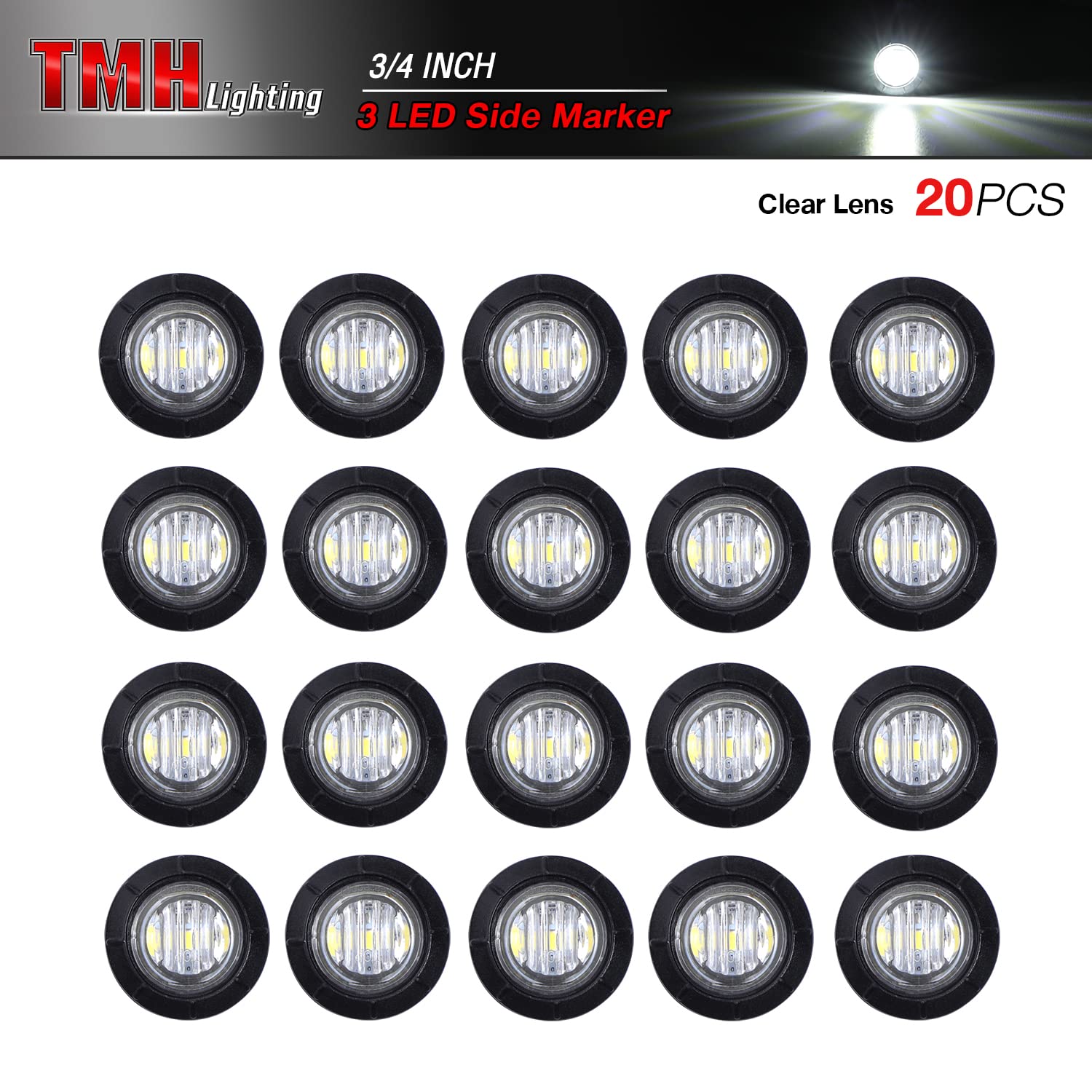 (Pack Of 20) Tmh 3/4 Inch Mount White Led Clearance Bullet Marker Lights, Side Led Marker Lights For Trailer Truck Rv Car Bus Va