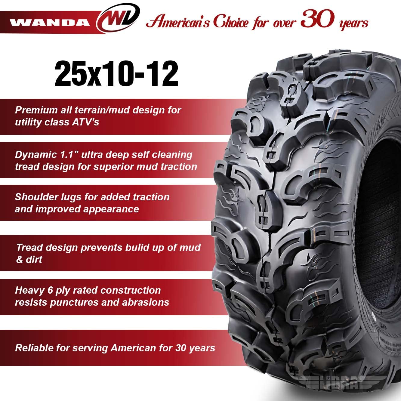 Wanda Set Of 4 New Premium Atv Tires 25X10-12 6Pr Super Lug Mud