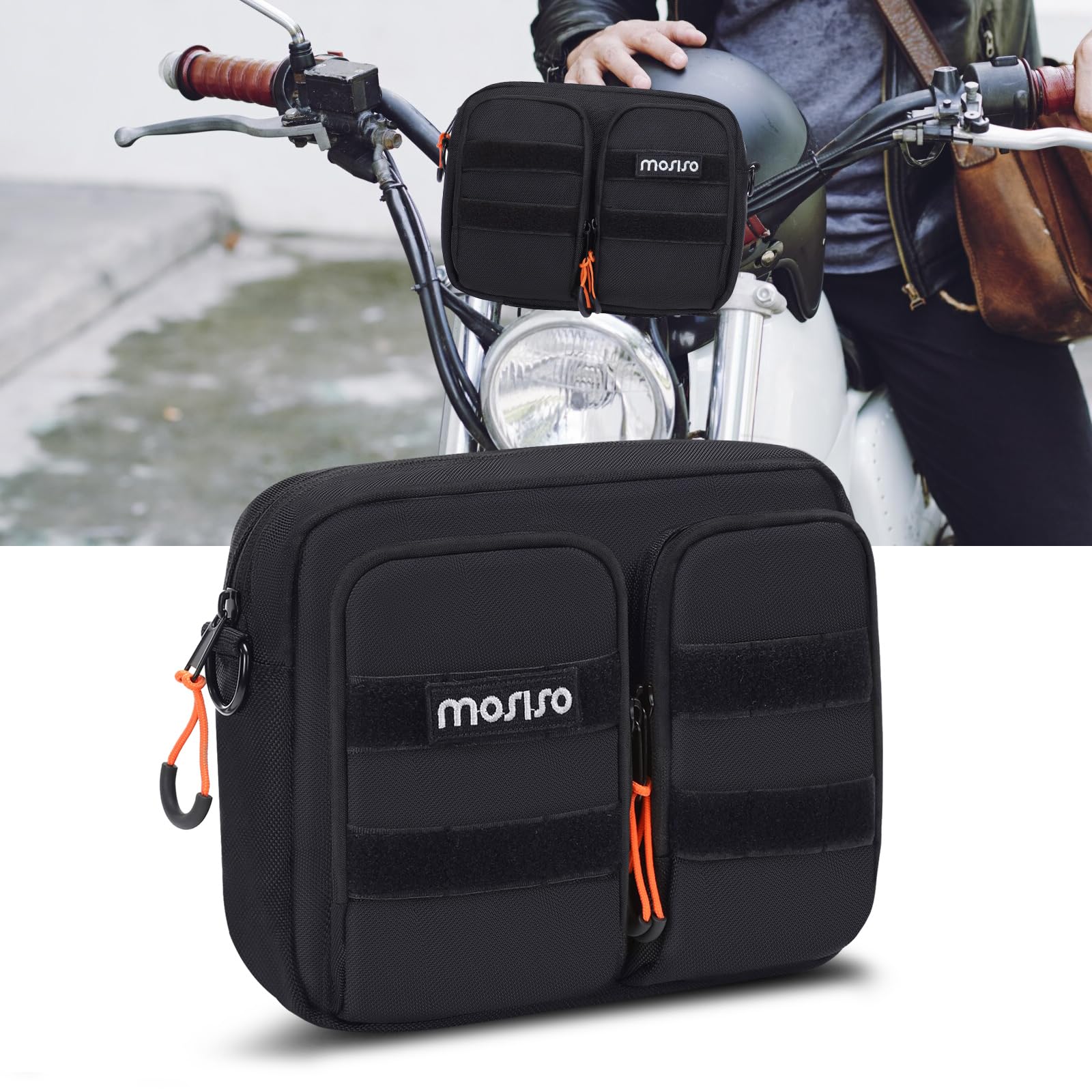 Mosiso Motorcycle Handlebar Bag, Universal Motorcycle Bag For Motorcycle Front Fork, Portable Motorcycle Tool Bag Motorbike Storage Accessory Pouch With 2 Front Zippered Pockets&Shoulder Strap, Black