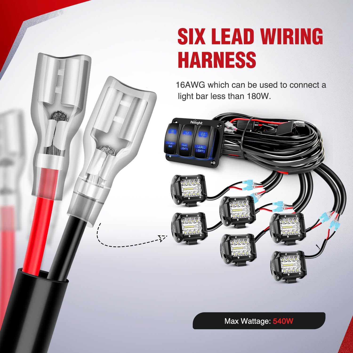 Nilight 16AWG LED Light Bar Wiring Harness Kit with 3 Gang Rocker Switch, Model 10073W, Power Relay Fuse for Cars, Boats, ATVs, Trucks