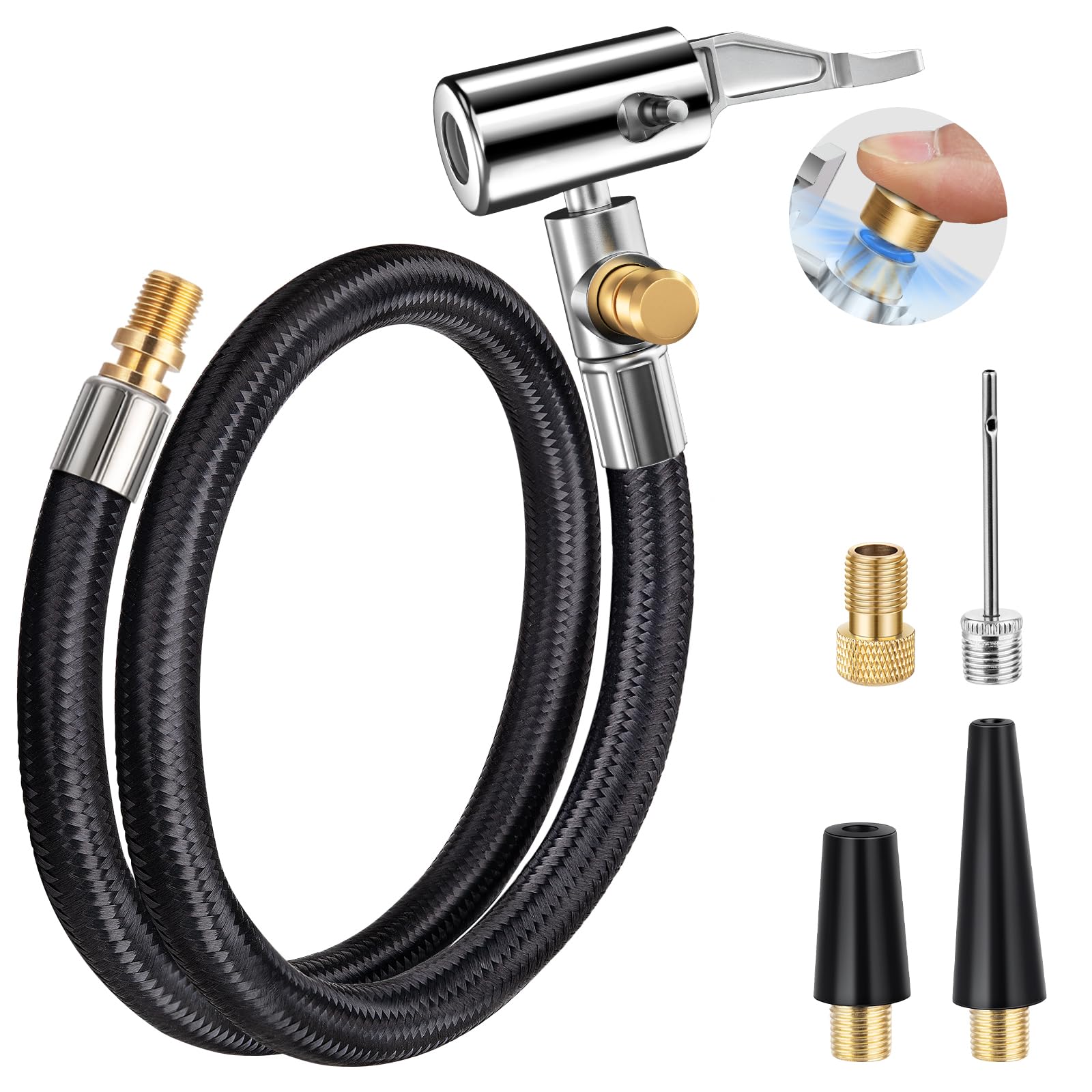LUMITECO 21'' Quick Air Release Extention Hose, Tire Valve Extension Tube w/Presta Valve & Air Pump Ball Needle Set, Air Tire In
