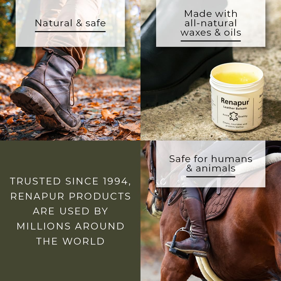 Renapur Leather Balsam, Natural Conditioner, Protector And Restorer — For Leather Furniture, Footwear, Purses & Bags, Car Interiors & Bikes, Saddlery & Tack. (6.7 Fl Oz + Applicator Sponge)