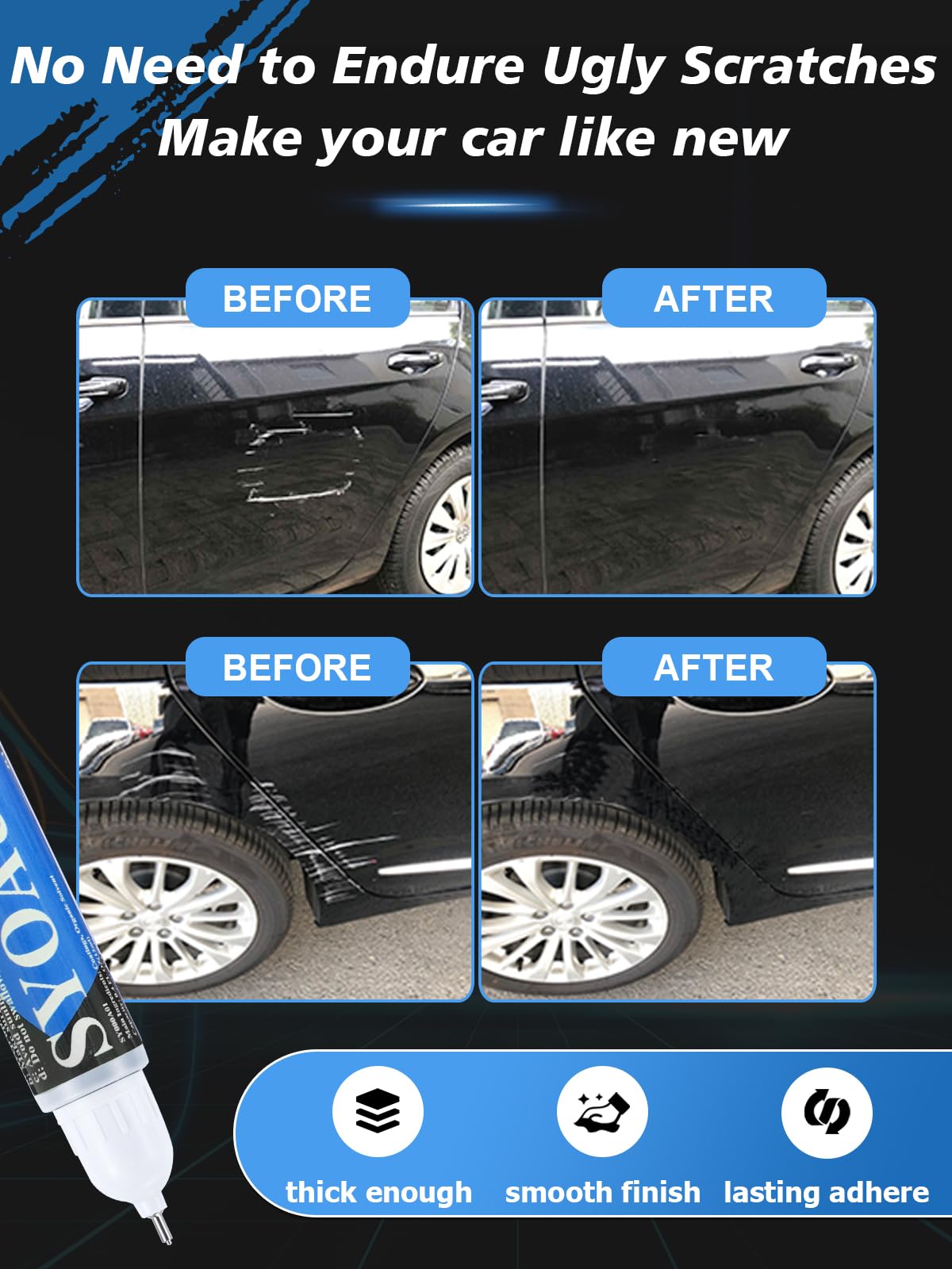 Syoauto Flat Black Car Touch Up Paint, Auto Touch Up Paint Flat Black Scratch Repair Automotive Flat Black Car Paint Pen 2 In 1