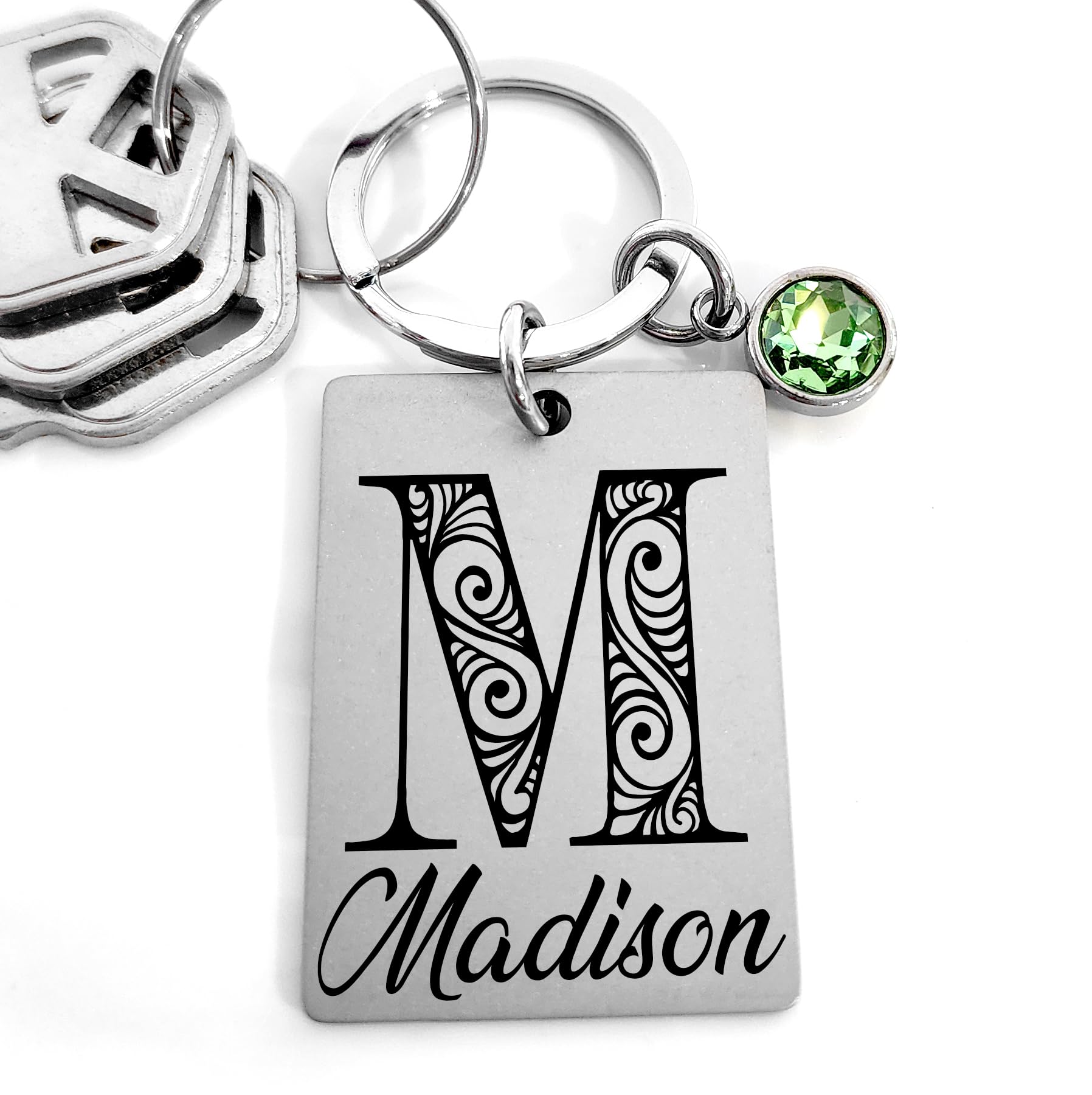 Personalized Monogram Initial Keychain, Stainless Steel, Birthstone Crystal, Custom Gift For Men Or Women, Graduation Gift, Birt