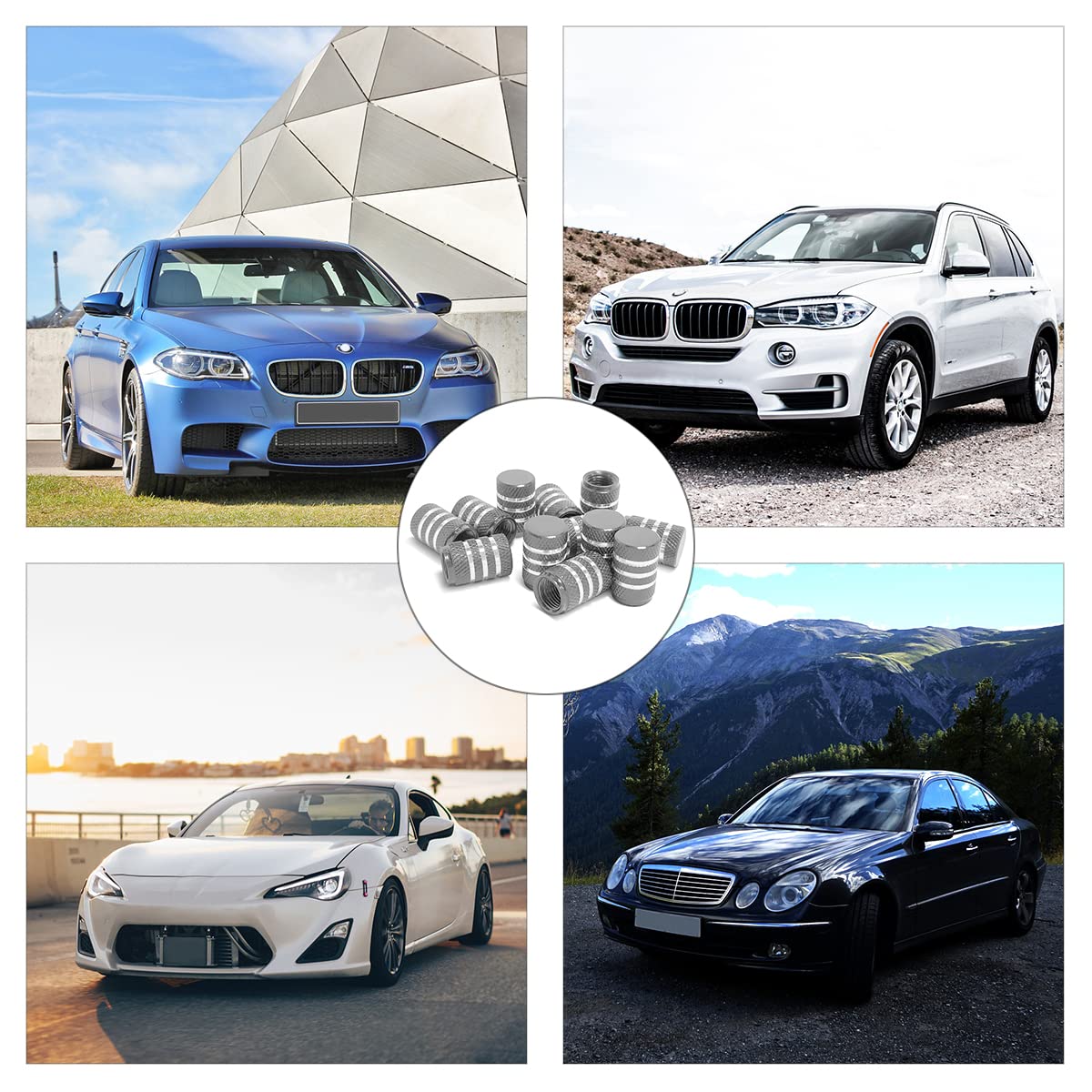 Tire Valve Stem Caps, 12 Pcs Dustproof Corrosion-Proof Premium Metal Rubber Seal Tire Valve Caps, Universal Fit For Cars, Suvs, Bike And Bicycle, Trucks, Motorcycles (Gray/Silver)