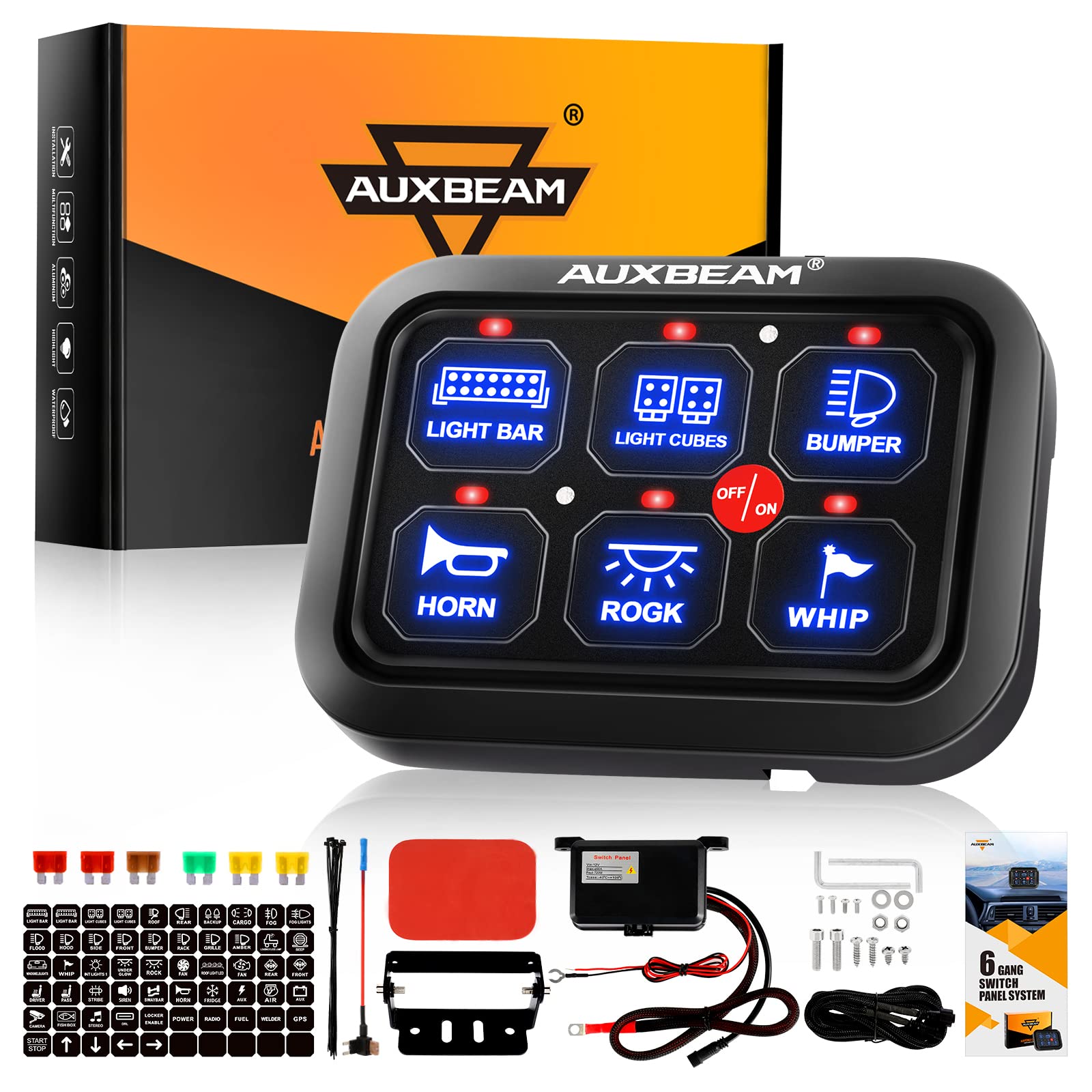 Auxbeam 6 Gang Switch Panel Bc60, Universal Circuit Control Relay System Box With Automatic Dimmable On-Off Led Switch Pod Touch Switch Box For Car Pickup Truck Utv Atv Boat, 2 Years Warranty, Blue