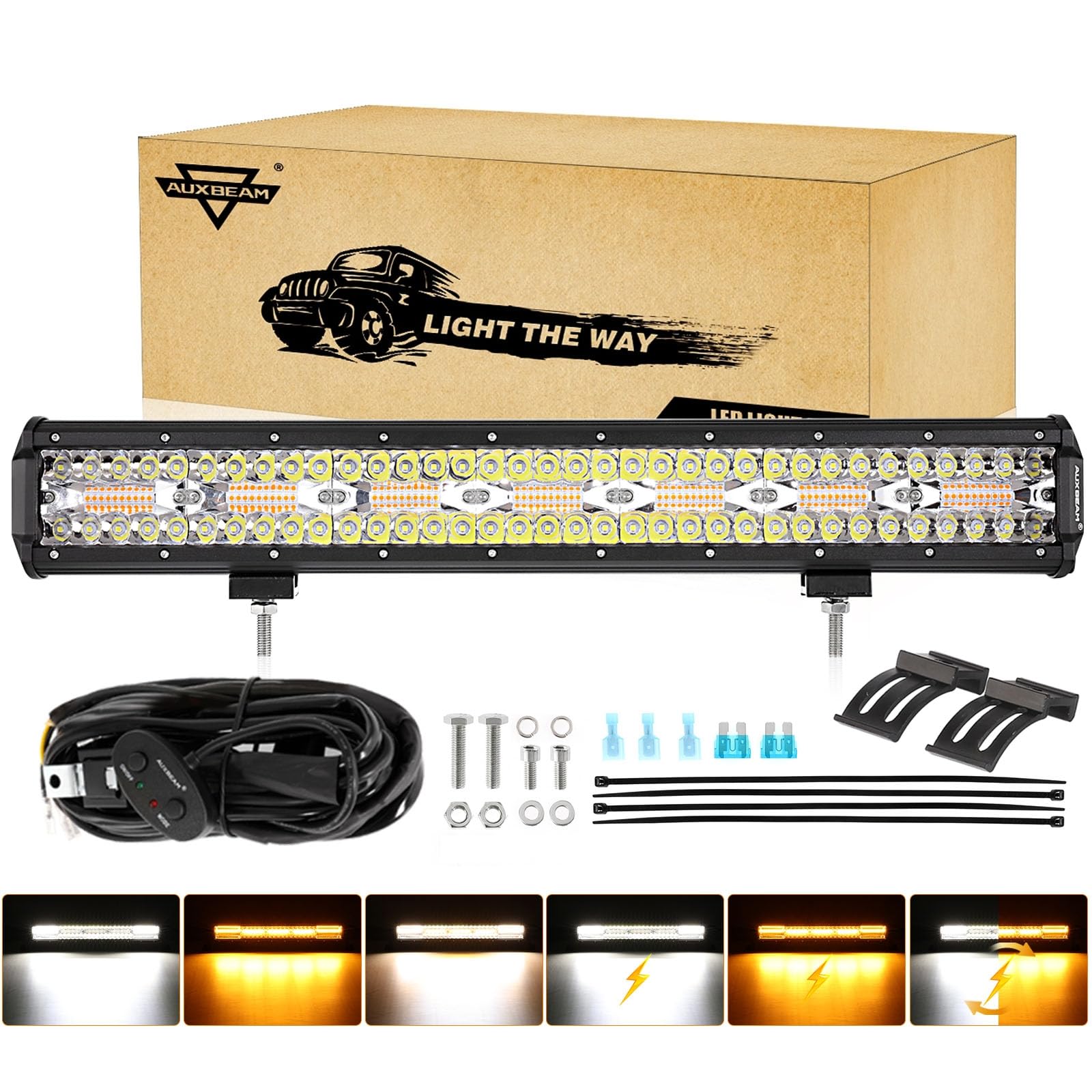 Auxbeam 20 Inch 420W Led Light Bar, 6 Modes Strobe Amber Pod Lights Yellow Fog Light Dual Color Spot Flood Offroad Driving Light