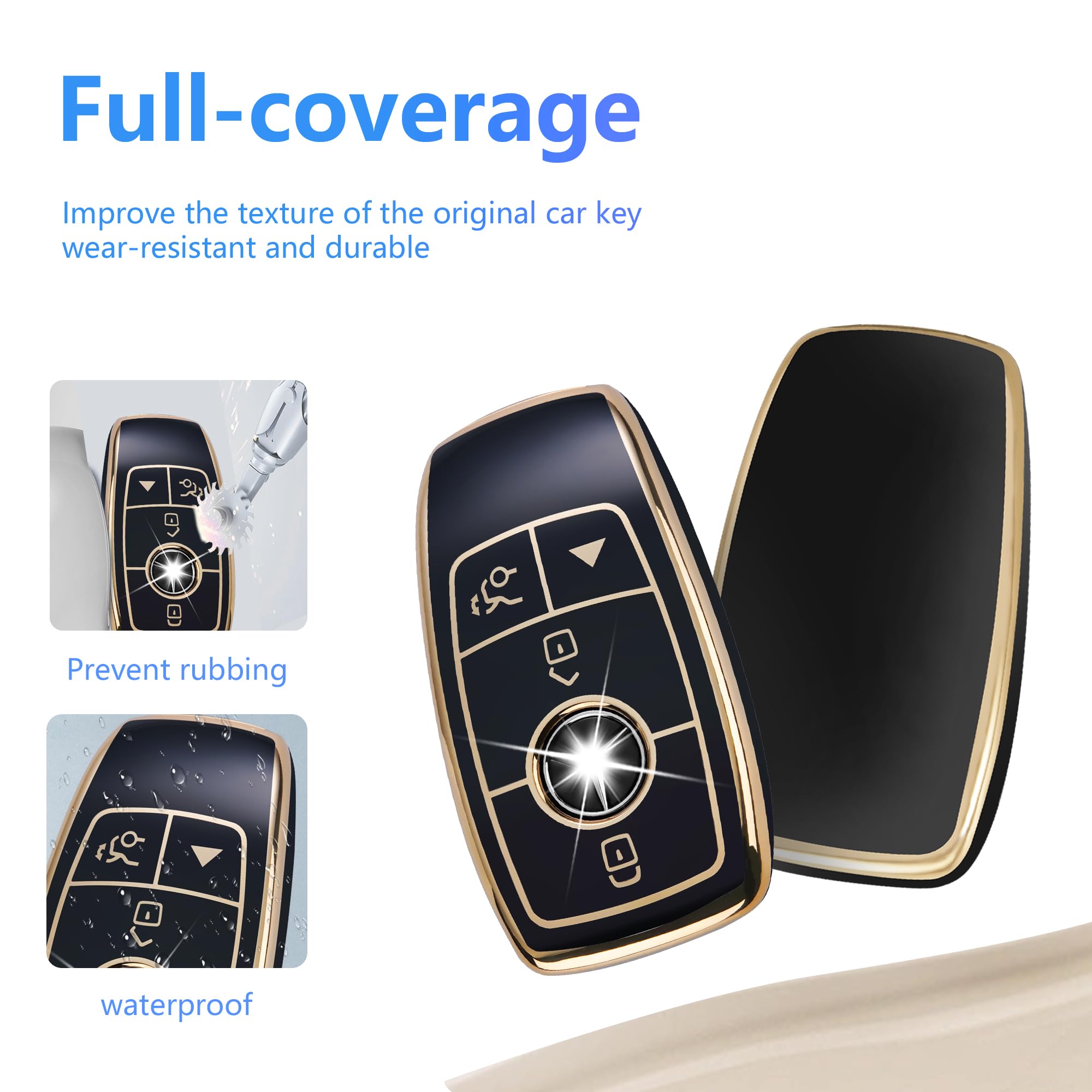 Yhc For Mercedes Benz Key Fob Cover Car Key Case Shell With Gold Keychain Fit E S A C G Class 2017-2024(Black)