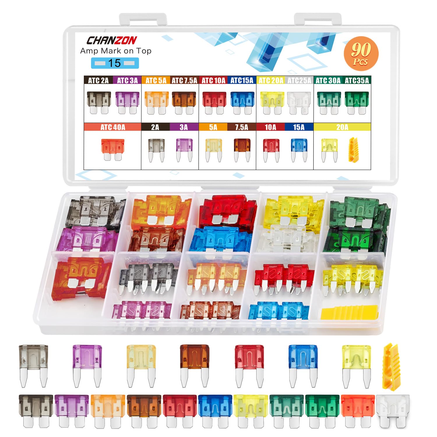 Chanzon Ul Listed 90 Pcs 18 Values Standard & Mini Car Blade Fuse Assotrment Kit Atc Atm(2A 3A 5A 7.5A 10A 15A 20A 25A 30A 35A 4