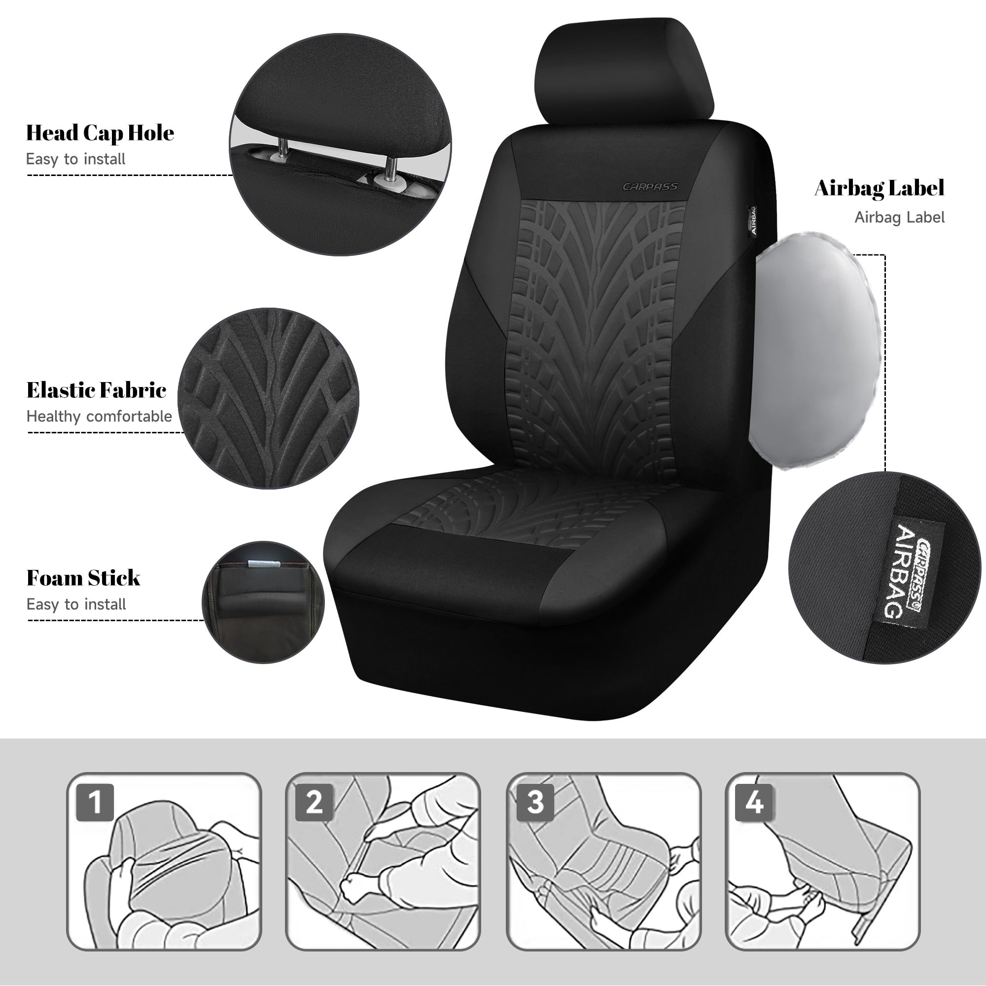 Car Pass Emboss Tyre Front Seat Covers, Universal Fit Elastic Breath Premium Cloth Seat Covers Front Seats Only For Truck Suv Se