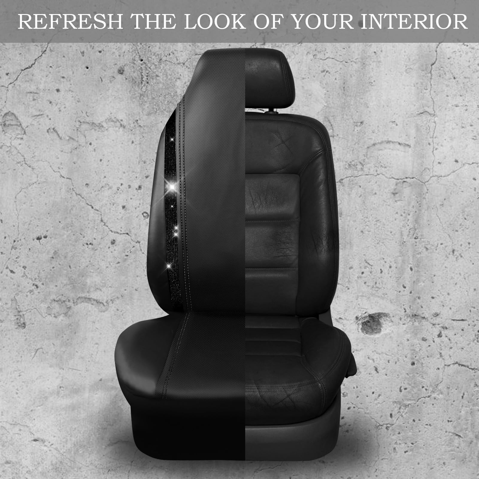 Car Pass Leather Car Seat Covers High Back Bucket Bling Diamond Front Seats, Waterproof Universal Shining Glitter Crystal Sparkl