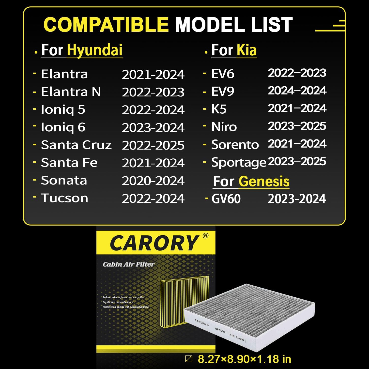 Cabin Air Filter for Tucson 2022-2024, Elantra 2021-2024, Santa Fe 2021-2024, Sportage 2023-2025, Sorento 2021-2024, K5 2021-202