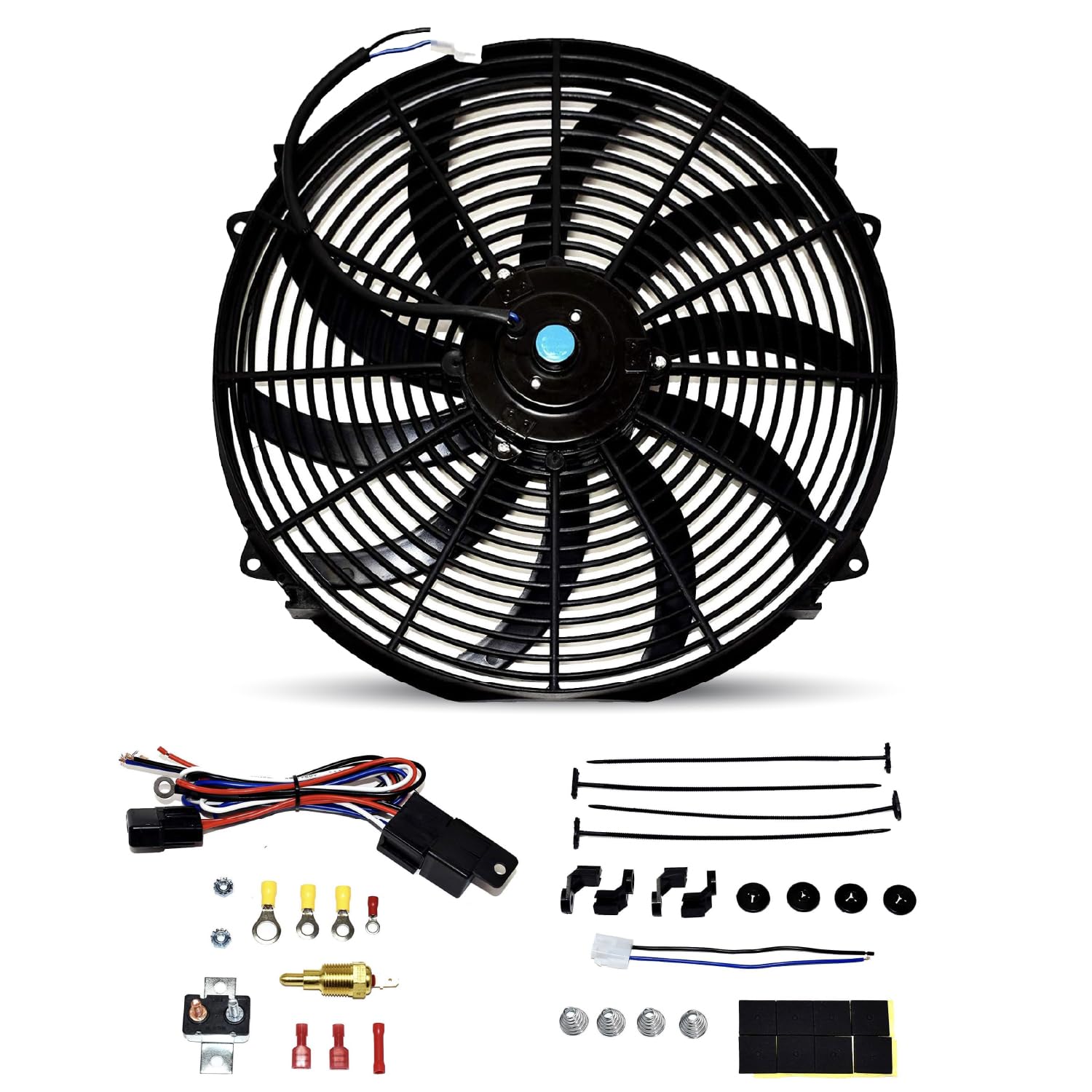 A-Team Performance - 16'' Electric Radiator Cooling Fan with Wide S-Curved 10 Blades - Thermostat Kit 3000 CFM Reversible Push o