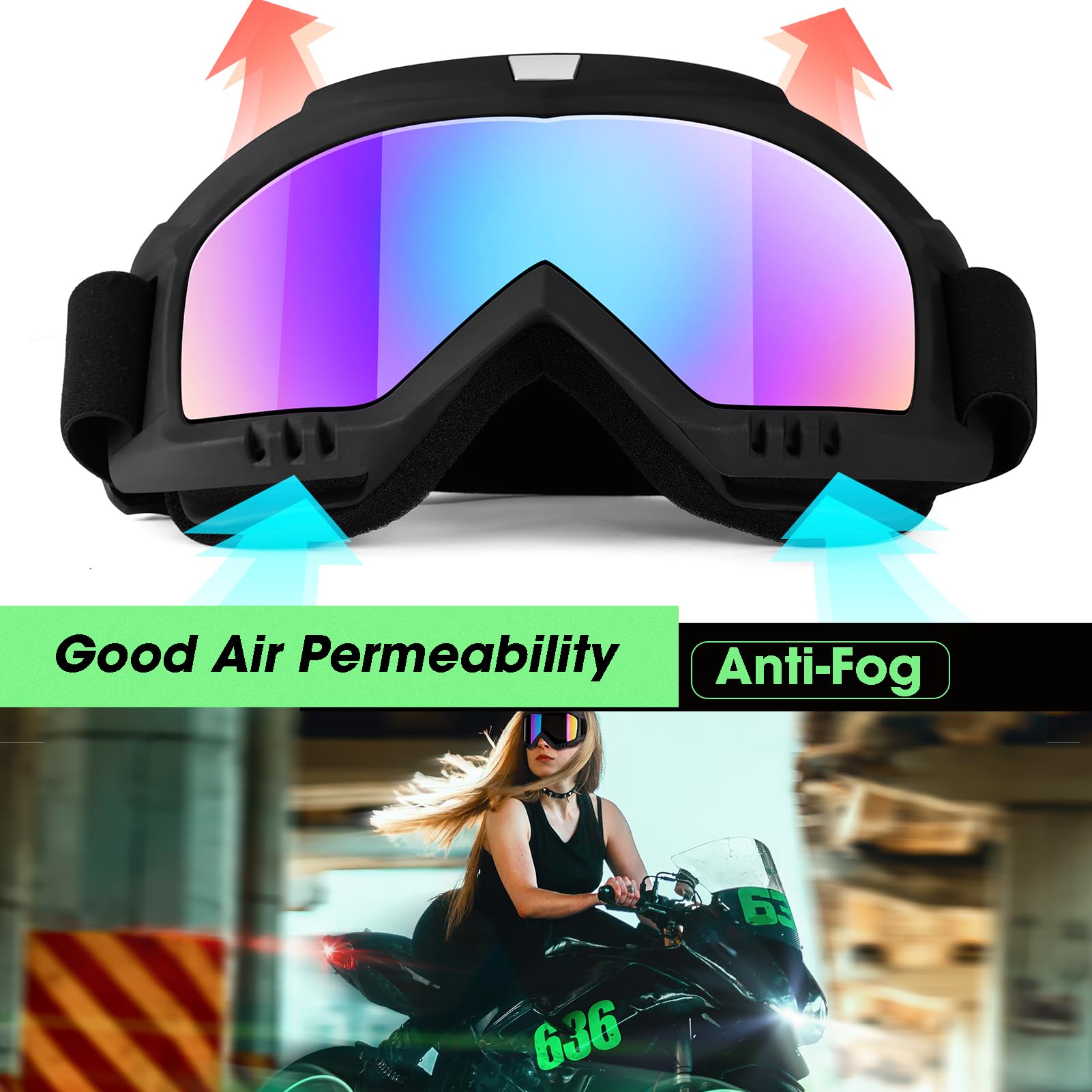Dirt Bike Goggles, Motorcycle Goggles, 2 Pack Atv Goggles, Riding Goggles, Ski Goggles, Windproof Glasses, Racing Helmet Goggles