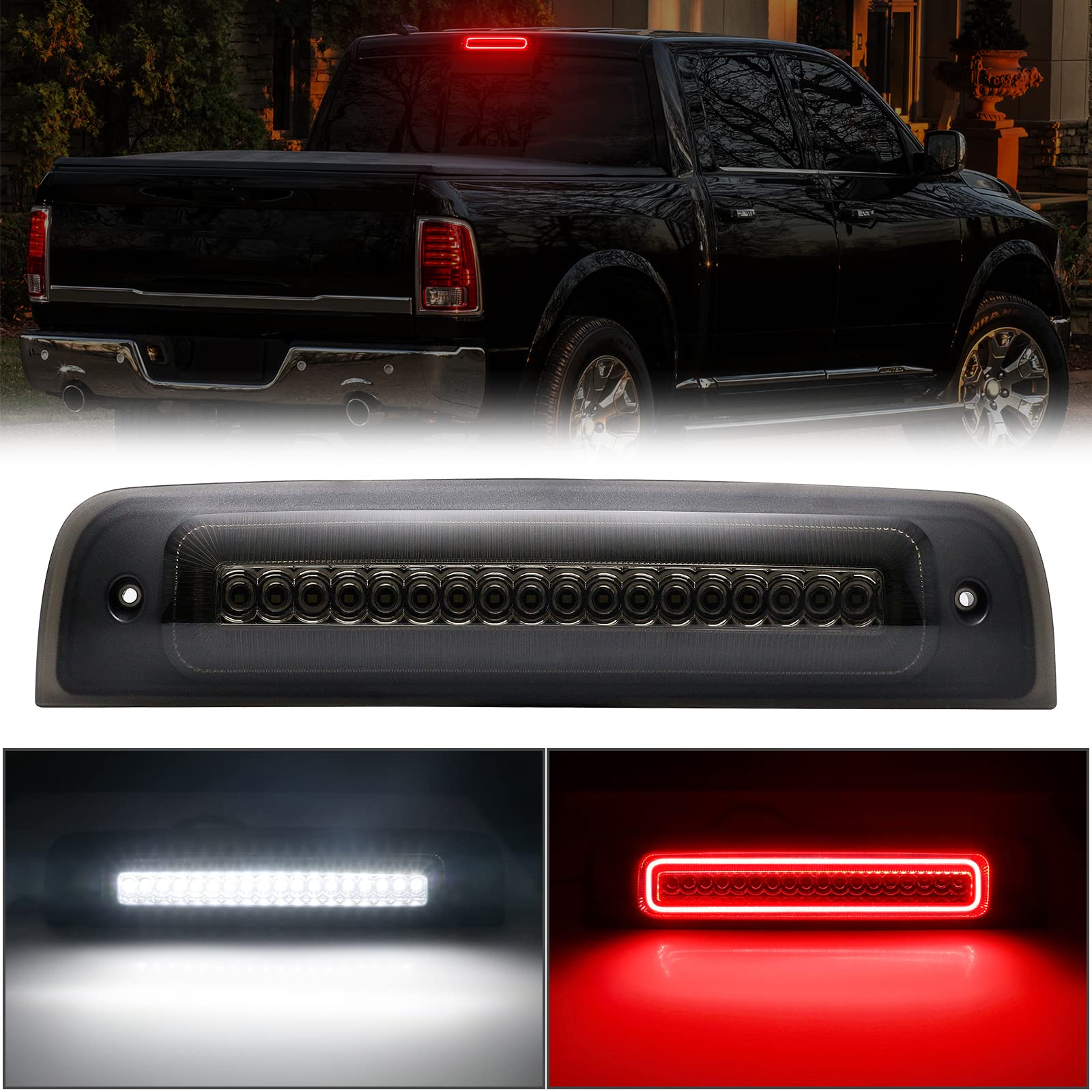 R&F Auto Led Strobe Third Brake Light Compatible With Ram 1500 2500 3500 4500 5500, 2010-2018, F1 Style Red Flash Smoked High Mo