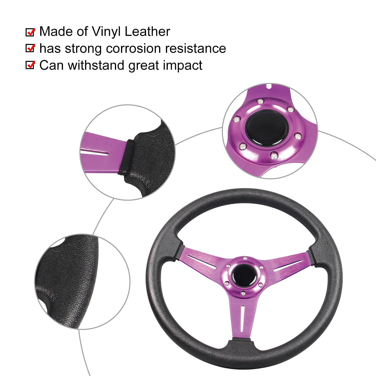 Yehicy Auto Racing Flat Steering Wheel With Purple Spokes 350Mm 13.8   6 Bolts Grip Vinyl Leather Universal Simulation Game Stee