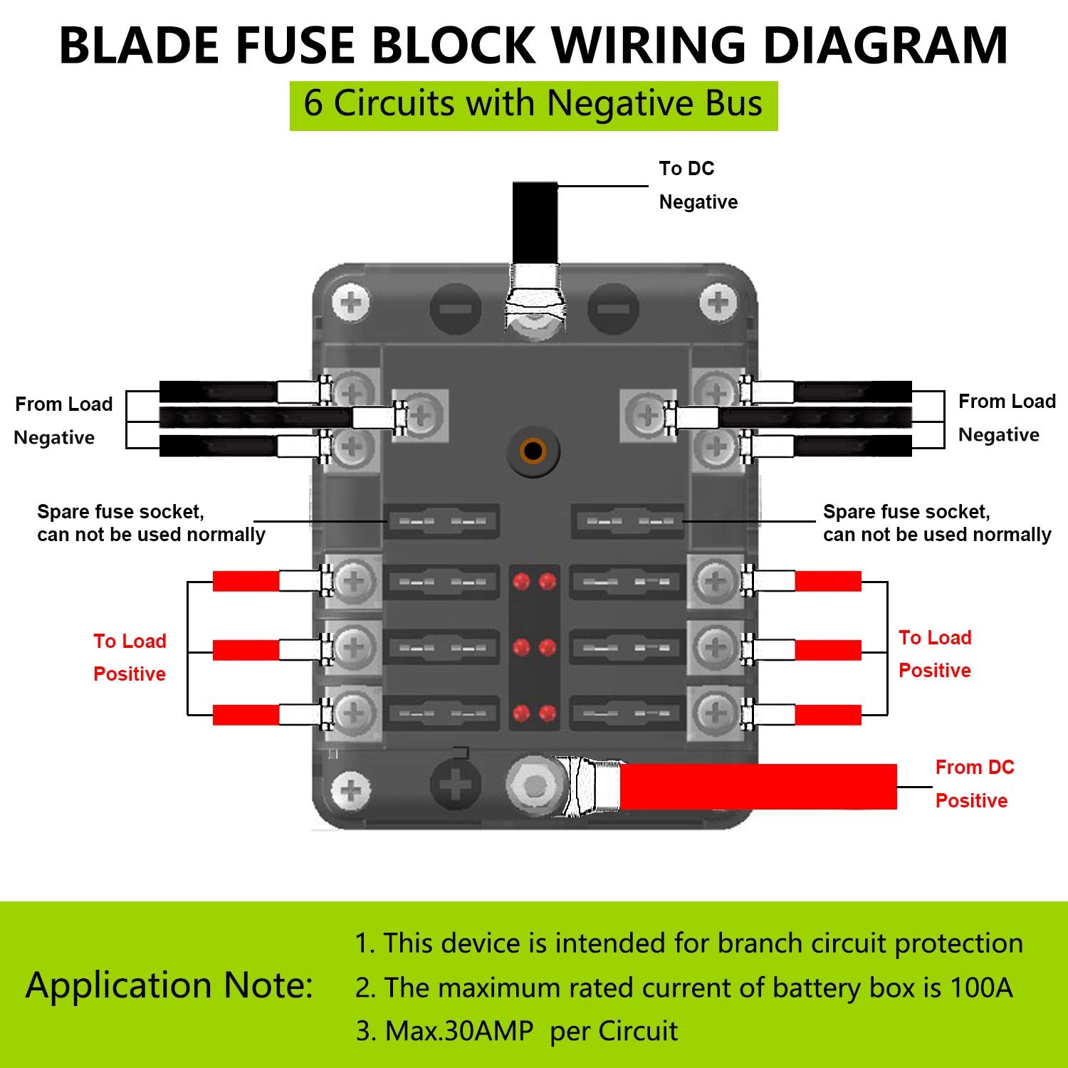 6 Way Fuse Block W/Negative Bus - Atc/Ato 6 Circuit Fuse Box With Ground, With Negative Bus & Protection Cover, Bolt Connect Ter