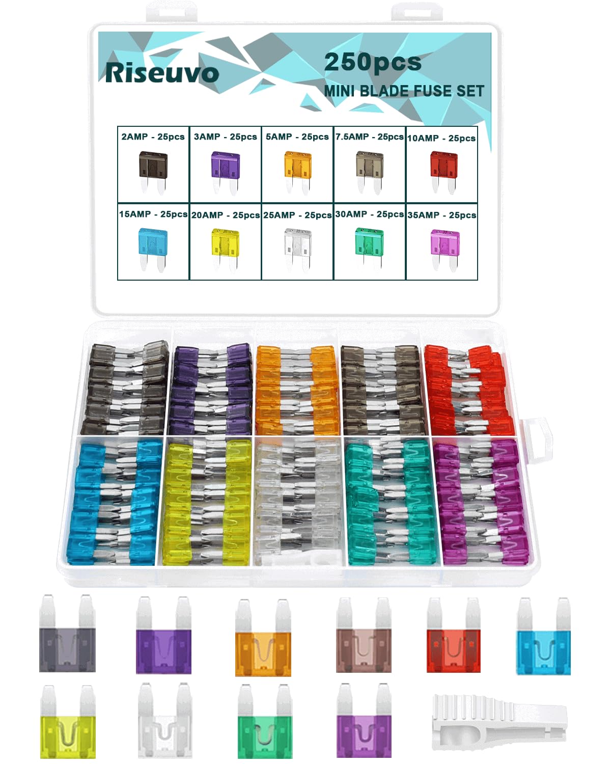 250Pcs Mini Blade Fuse Assortment - Car Automotive Truck Auto Atm Fuse Kit (2A 3A 5A 7.5A 10A 15A 20A 25A 30A 35A)