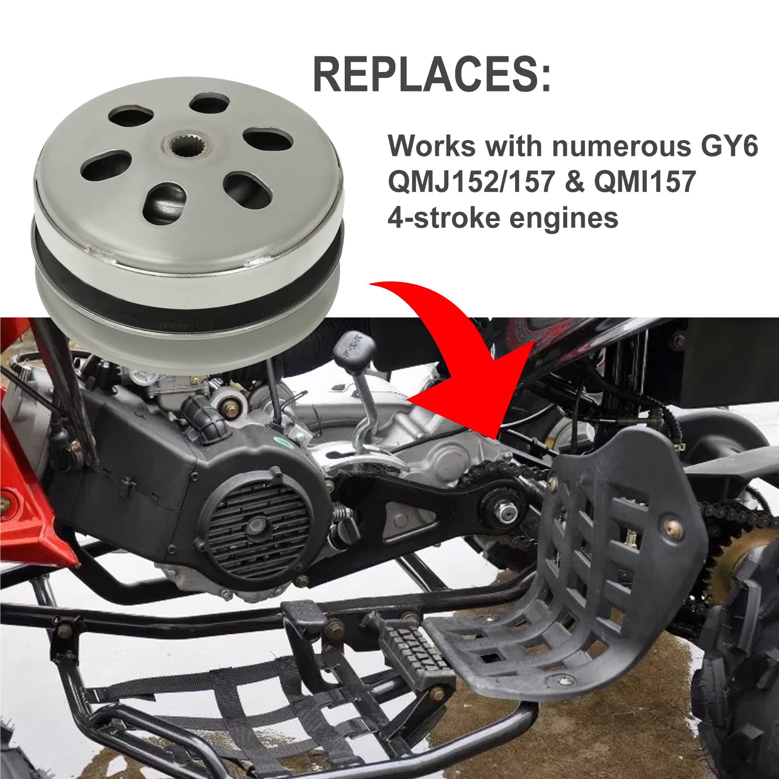 Batoneco Rear Clutch Assembly With Driven Pulley & Clutch Bell For Gy6 125Cc 150Cc 157Qmj 152Qmi 4-Stroke Engine, 19 Spline, Scooter Atv Go Kart