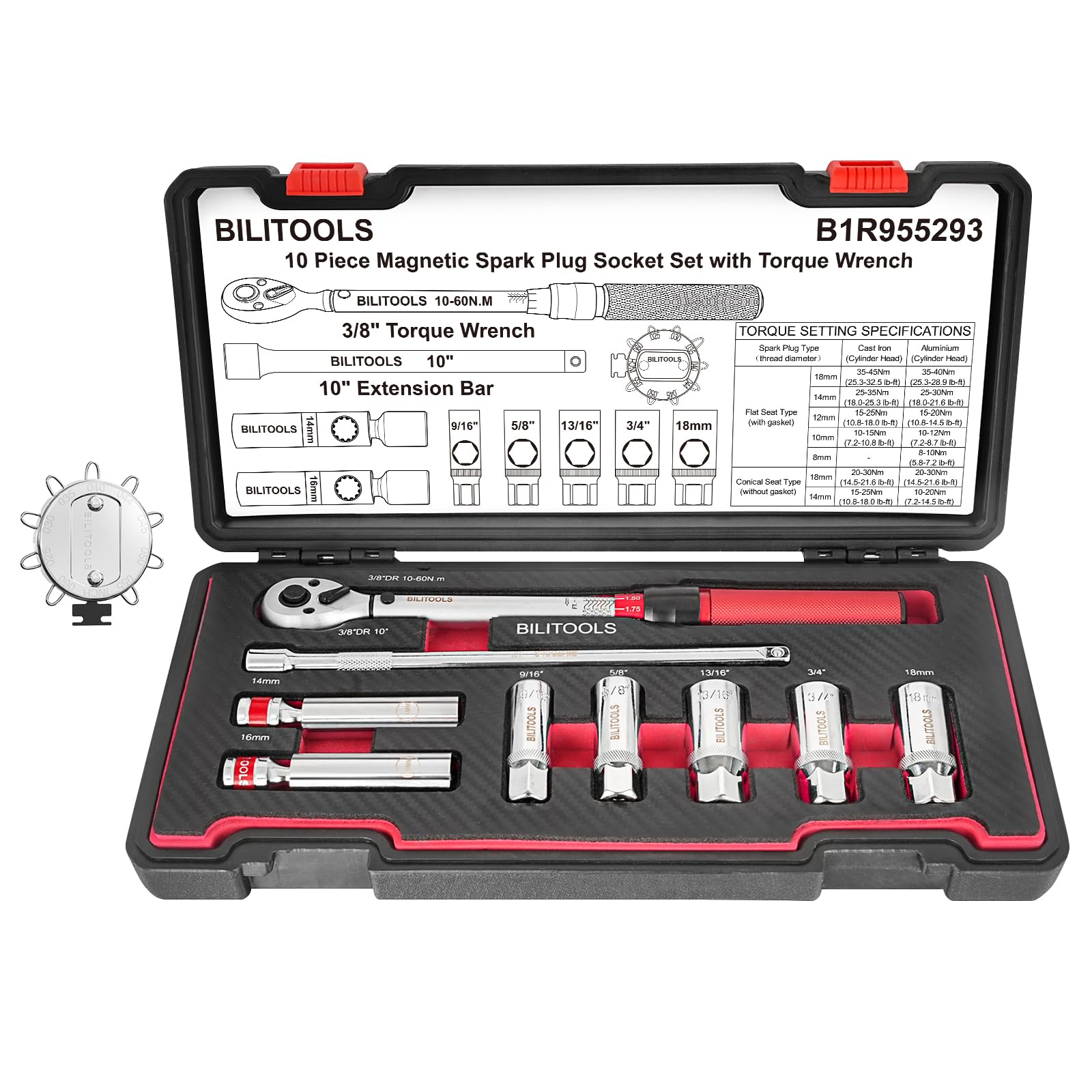 BILITOOLS 10 PCS Magnetic Spark Plug Socket Set with Click Torque Wrench & Spark Plug Gap Tool, 3/8 Inch Magnetic Sockets 9/16 5