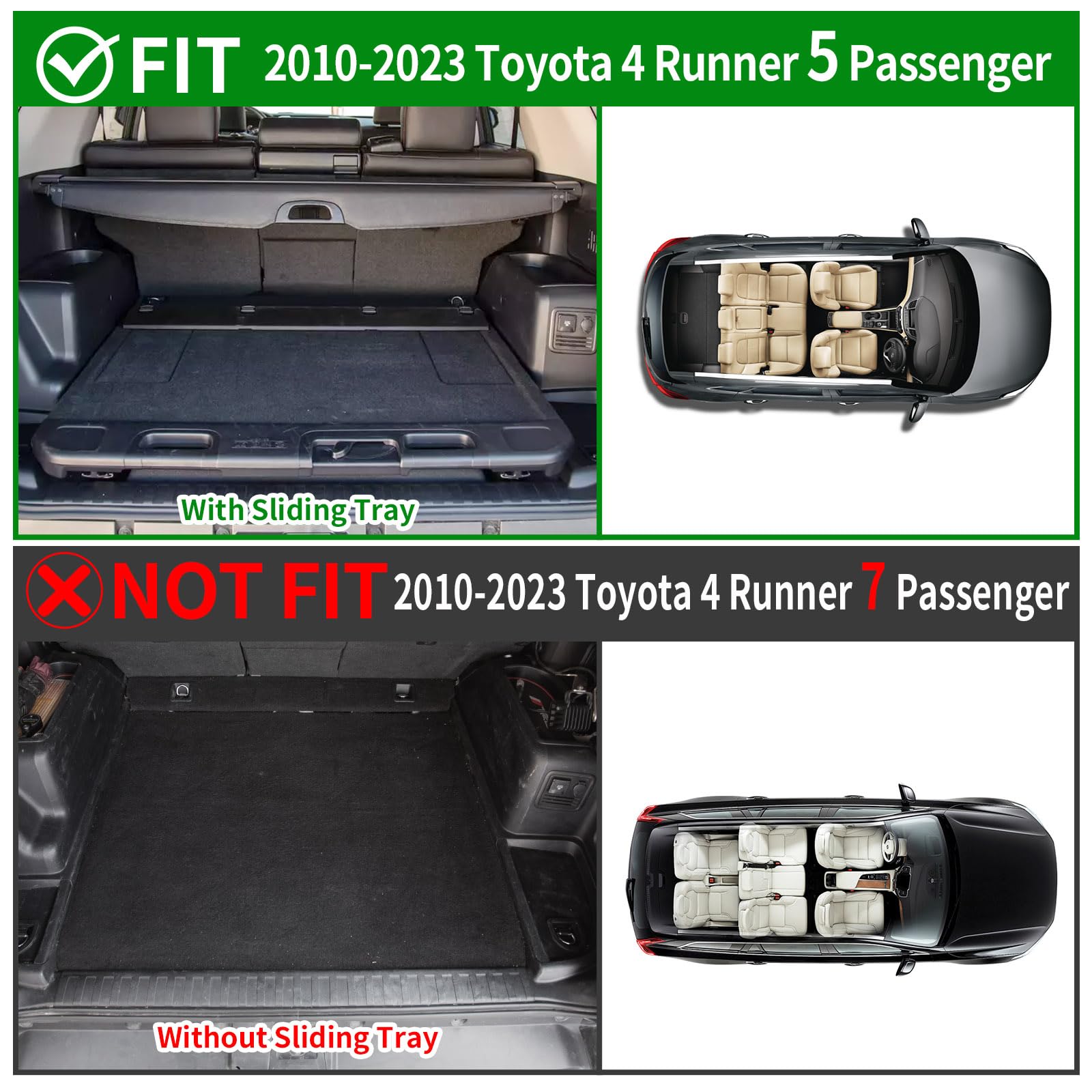 Powoq Cargo Mat Compatible With 2010-2023 Toyota 4Runner Trunk Mat Replacement For 2010-2023 Toyota 4Runner Accessories 5 Seater-No 3Rd Seat (Fit W/Sliding Tray, Rear Backrest Mats+Rear Trunk Mat)