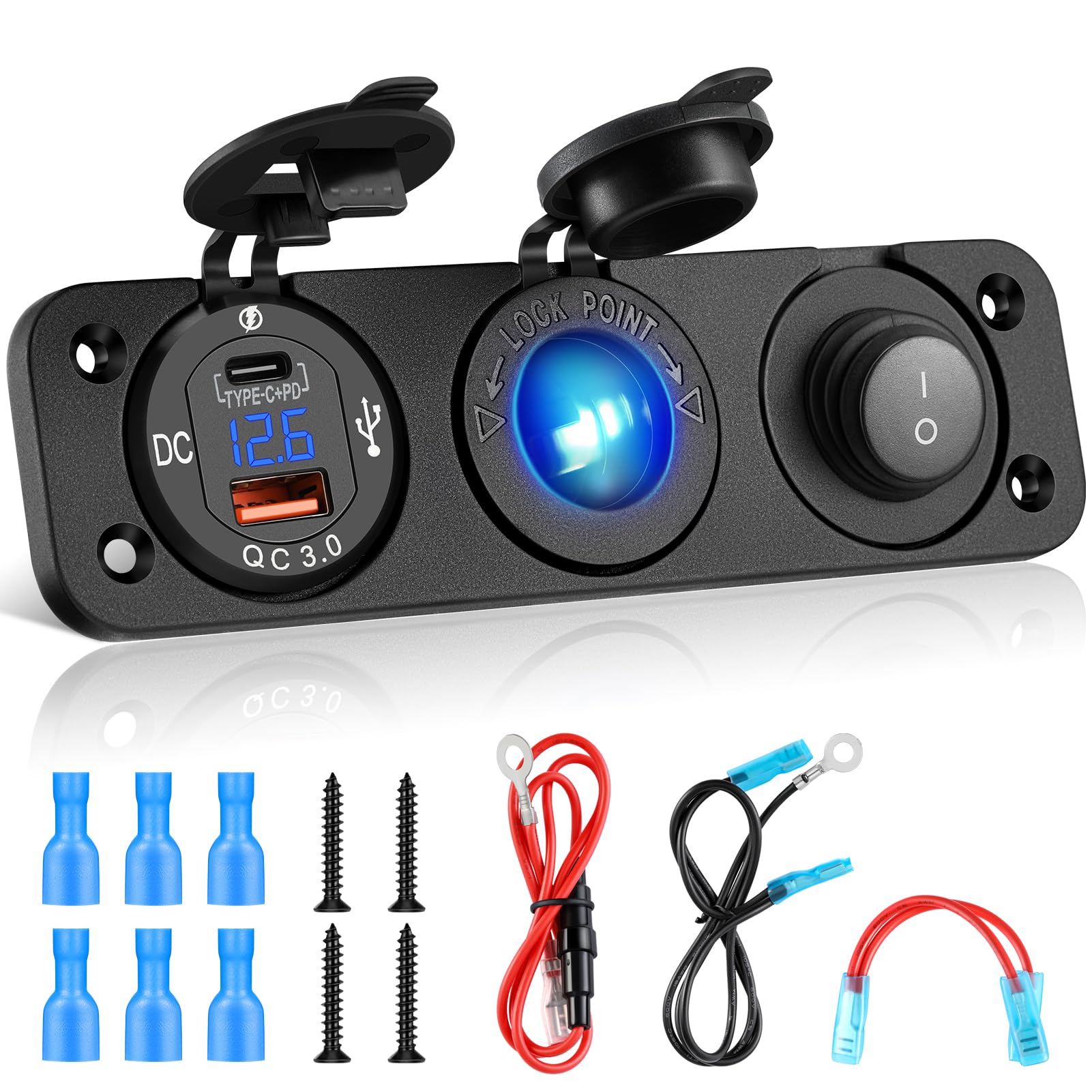 Kohree 3 In 1 Cigarette Lighter Socket: 12V Outlet Usb Qc3.0 & Pd Type C 3.0 Dual Fast Charging Ports Adapter - 200W Marine Swit