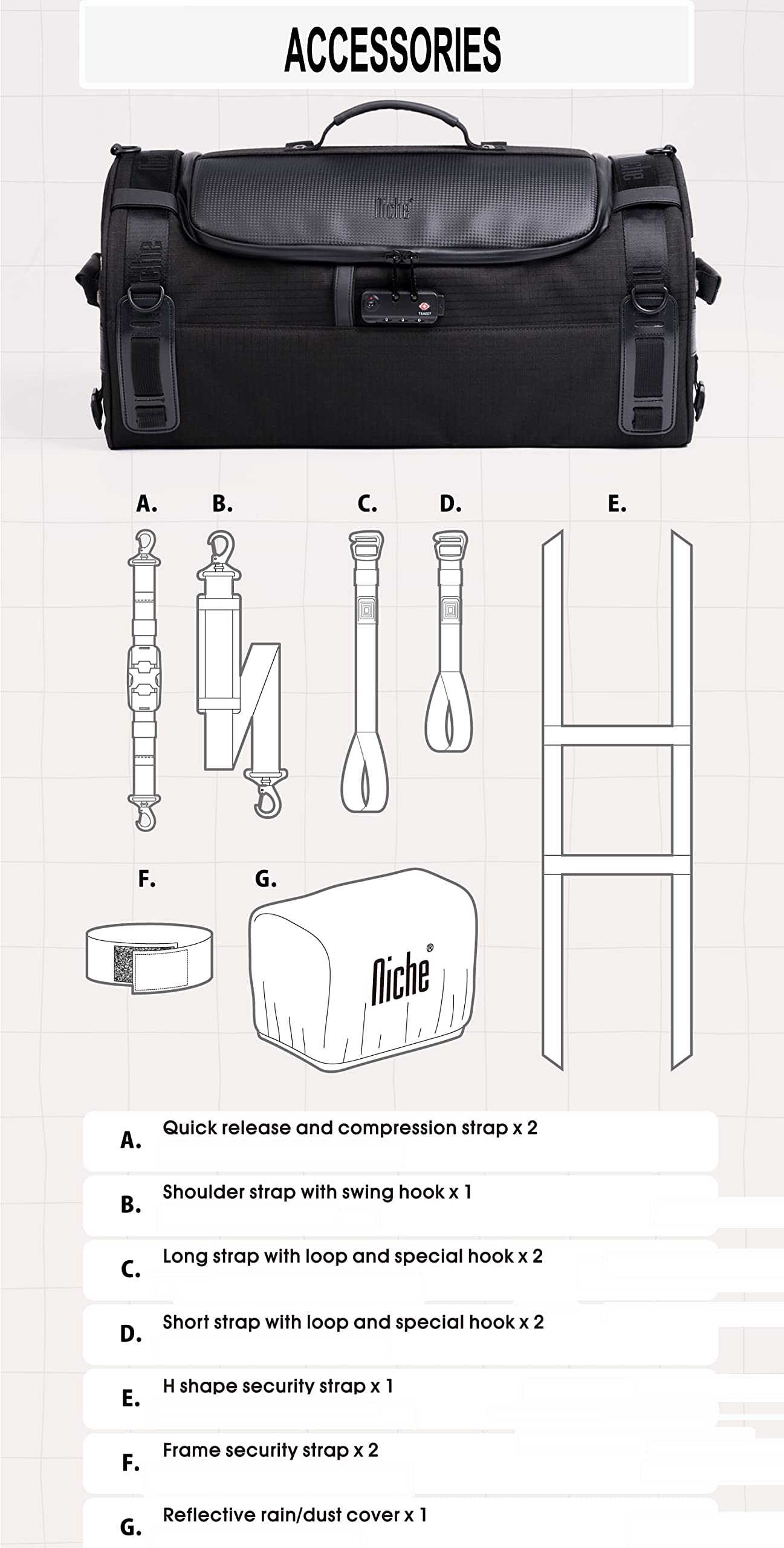 Niche Stackable Tail Bag, Three sizes, Motorcycle Rear Seat Bag with Waterproof Rain Cover, Motorbike Travel Luggage, Zipper clo