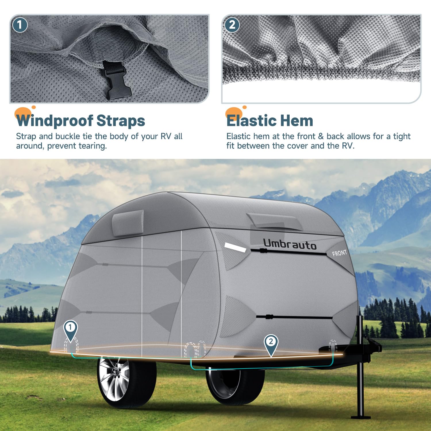 Umbrauto Teardrop Travel Trailer Cover Fits 12'-15' Trailers, 7 Layers Top Heavy Duty Waterproof Camper Cover With Windproof Str