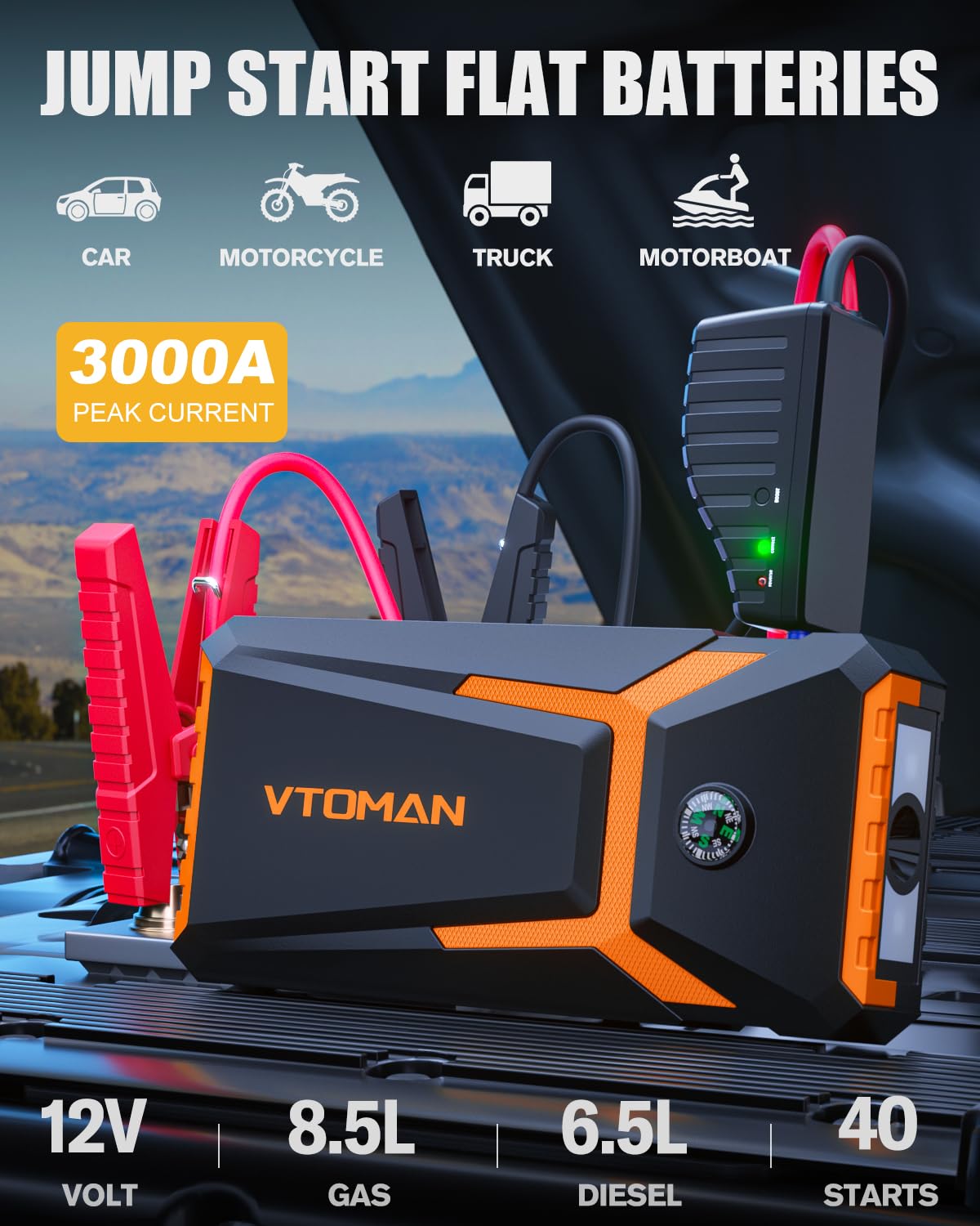 Vtoman V8 Jump Starter, 2000A Peak Battery Car Jump Starters For Up To 8L Gas And 6L Diesel Engines, Lcd Display Portable 12V Au