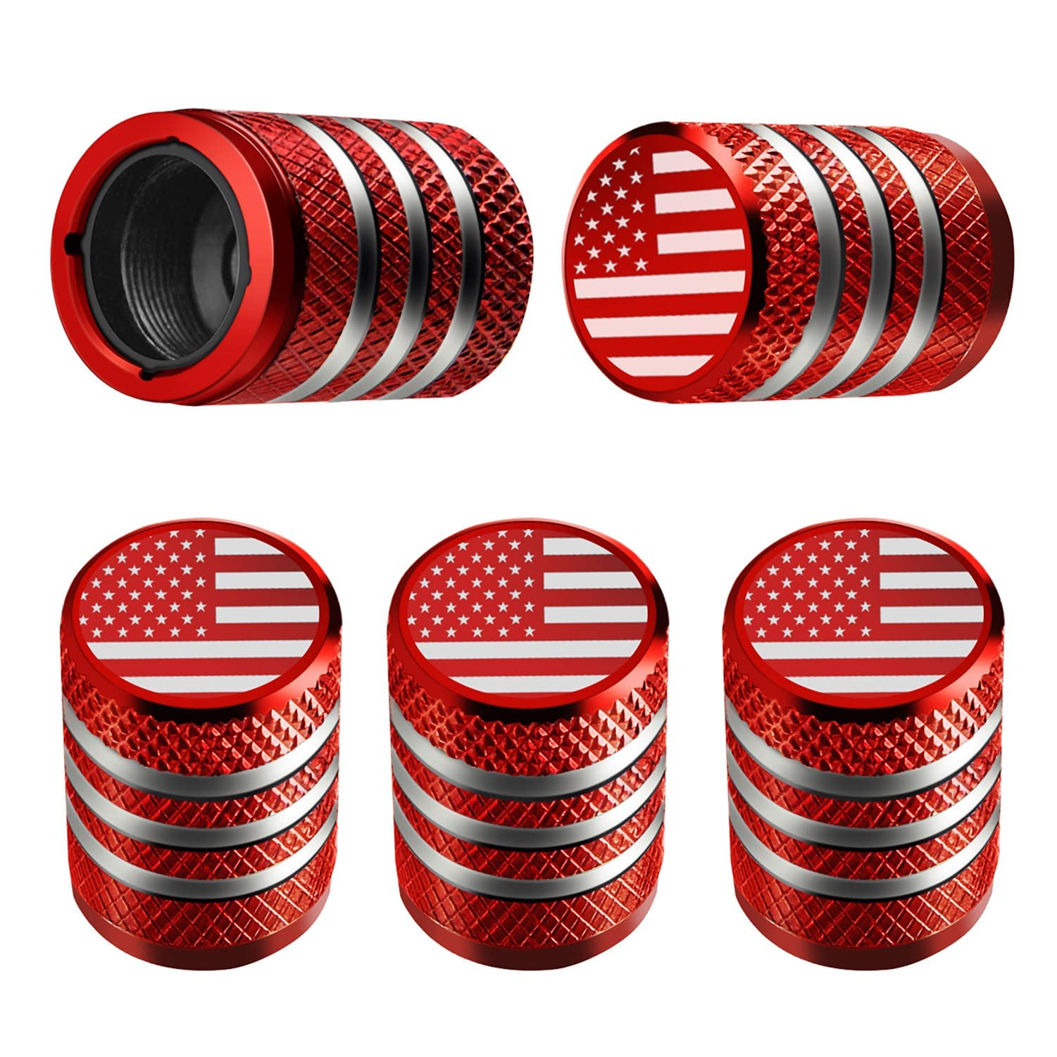 Tire Valve Stem Cap Cover - (5 Pack) Tire Air Cap Metal With Plastic Liner Corrosion Resistant Leak-Proof American Flag For Car Truck Motorcycle Bike Red