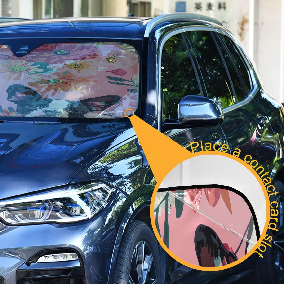 Car Windshield Sunshade Boston Terrier Flowers Pattern, Blocks Sun Visor Protector Foldable Sun Shield Keep Your Vehicle Cool, F