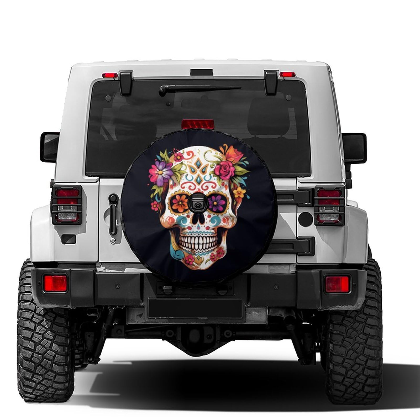 Dujiea Sugar Skull Spare Tire Cover with Backup Camera Hole, Universal Wheel Tire Cover Tire Protectors for Jeep Trailer RV Van 