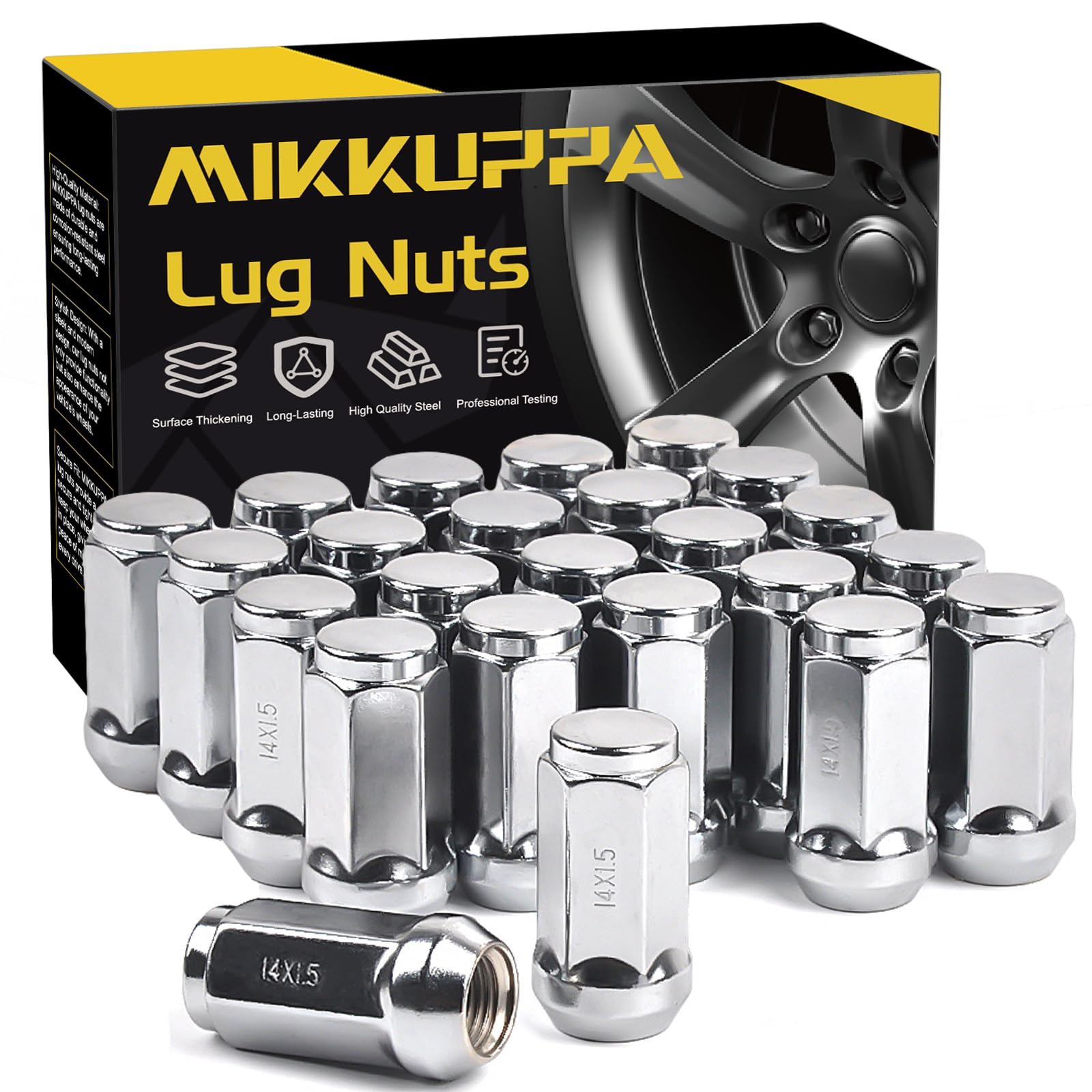 MIKKUPPA M14x1.5 Lug Nuts - Replacement for Chevy Silverado, Ford, GMC Aftermarket Wheel - 24pcs Chrome Seat Wide 23mm Closed En