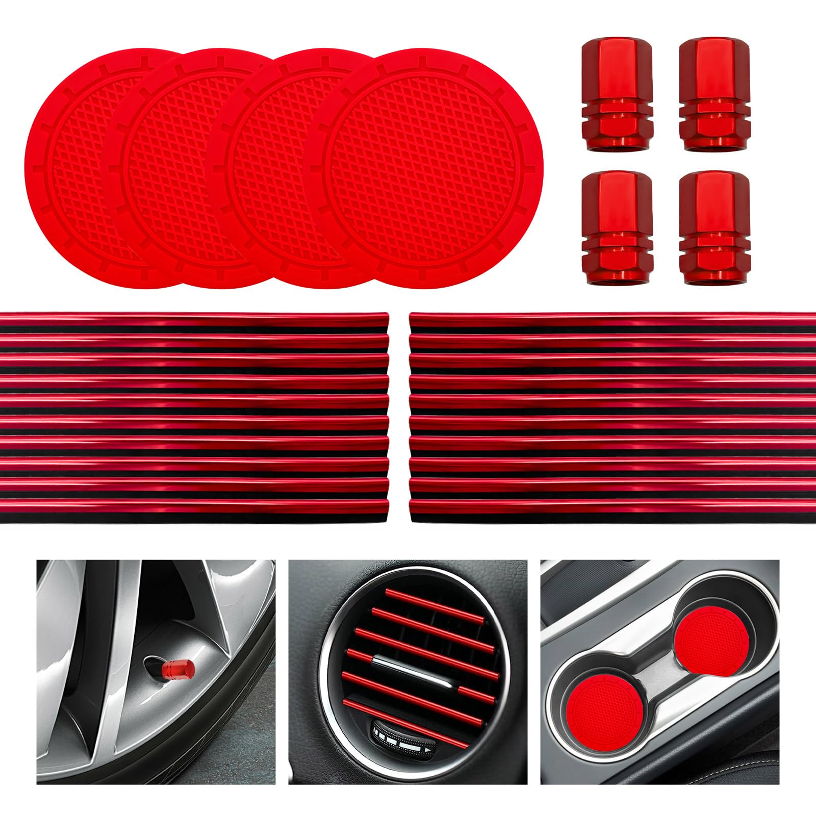Yourkar 28 PCS Car Interior Parts Set, Decorative Auto Air Conditioning Trim Strip & Hex Auto Tire Stem Cover, Universal Anti-Sl