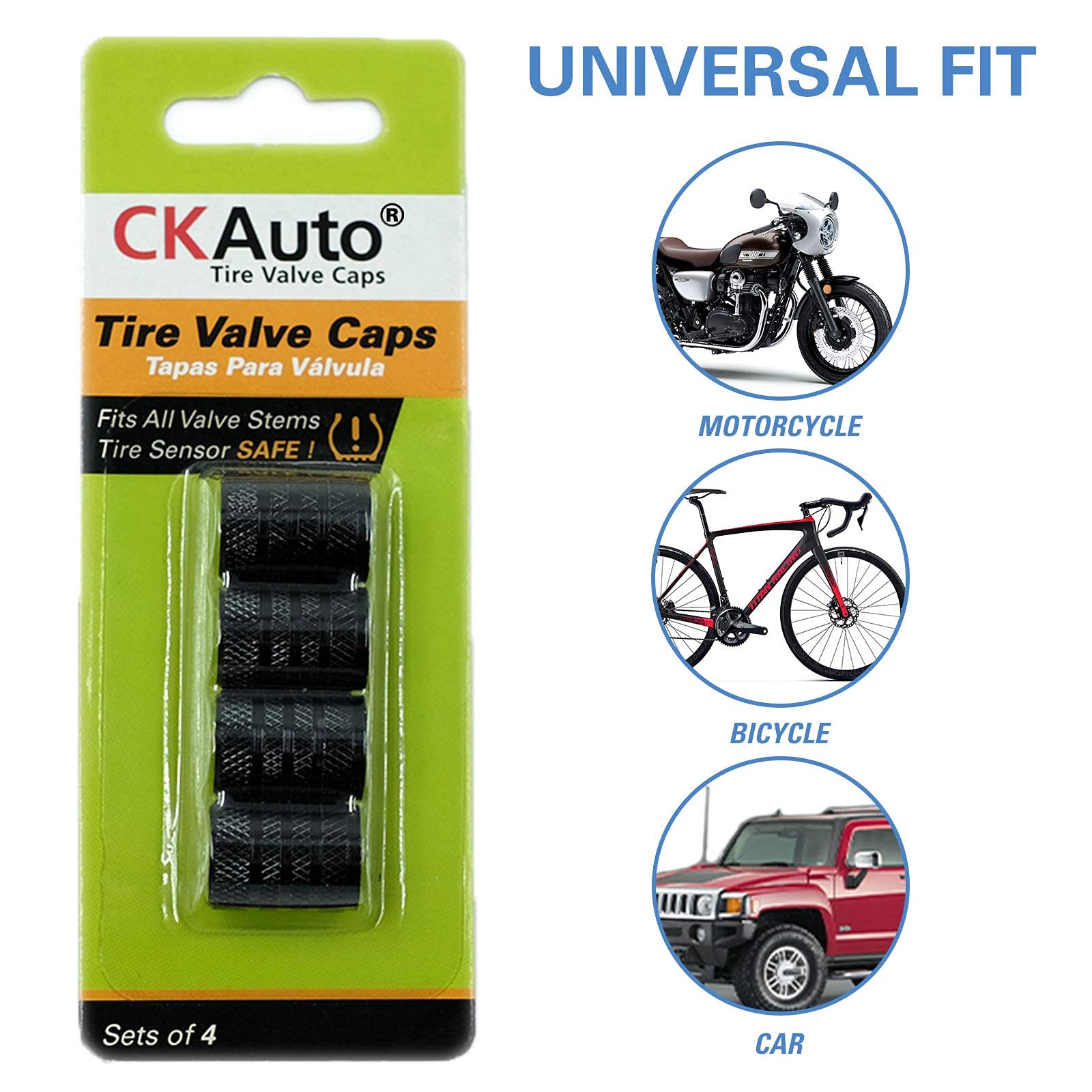 Ckauto Tire Valve Stem Caps, Black, 4 Pcs/Pack, Anodized Aluminum Tire Valve Cap Set, Corrosion Resistant, Universal Stem Covers