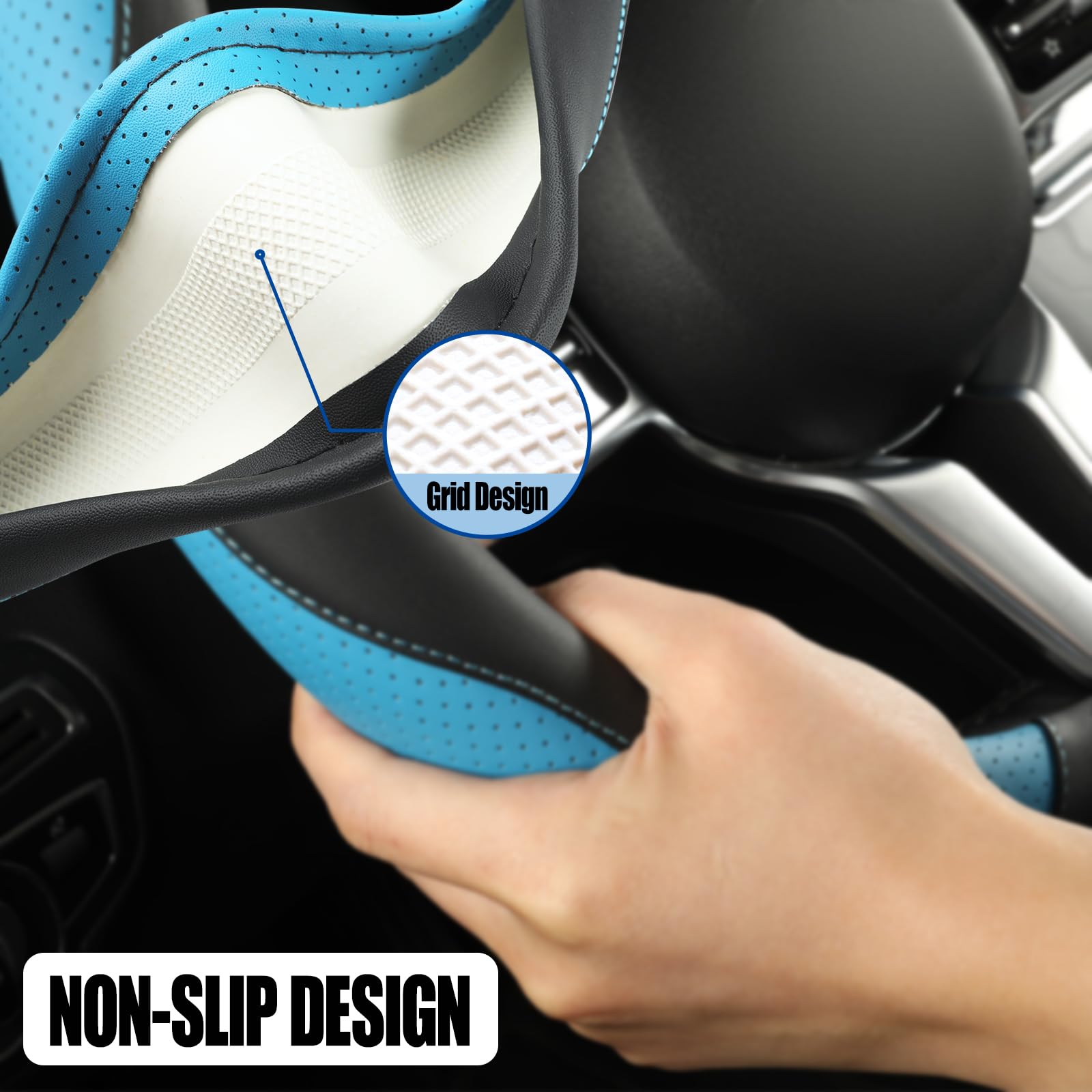Binsheo Leather Auto Car Steering Wheel Cover Anti-Slip Heavy Duty, Elegant, Non-Tonix, Universal 15 Inch, Black&Blue