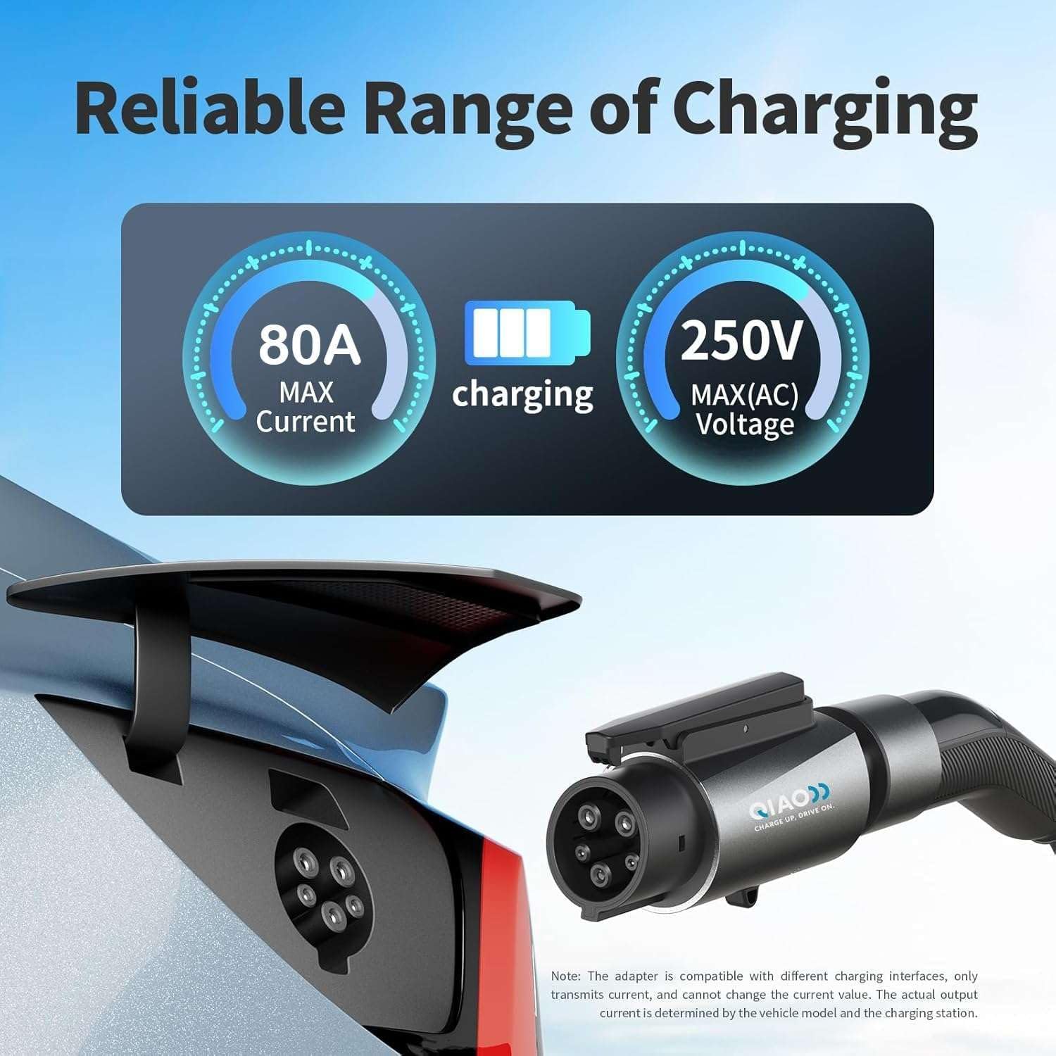 QIAO Fit for Tesla to J1772 Charger Adapter, Up to 80A 250V - NACS to J1772 EV Adapter for Charge J1772 EVS at Tesla AC Charger