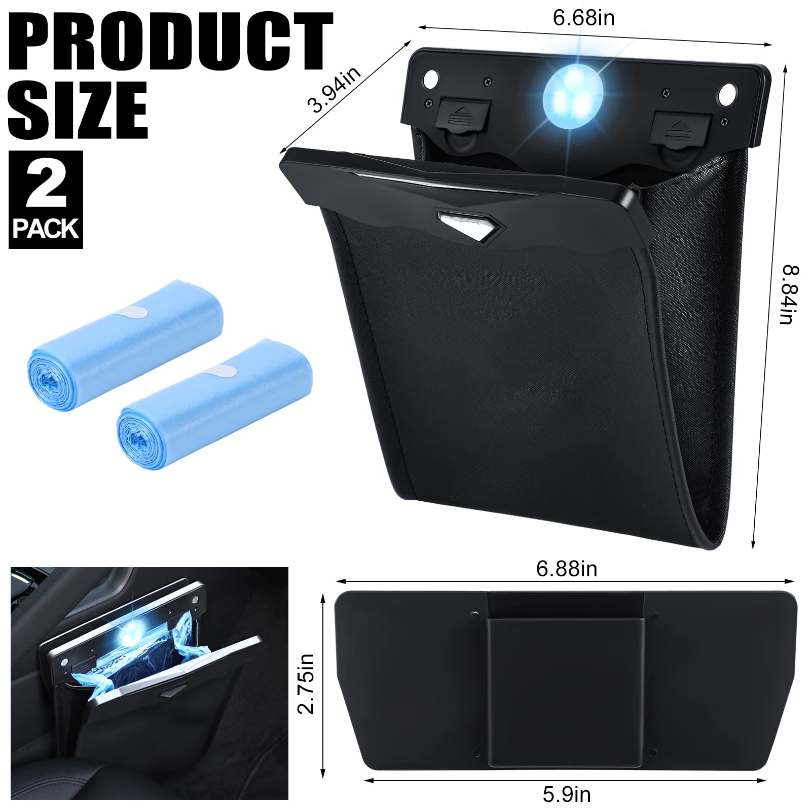 Fuutreo 2 Pcs Smart LED Car Trash Cans Waterproof Garbage Bags with 30pcs Disposable Trash Bags Hanging Leather Magnet Car Stora