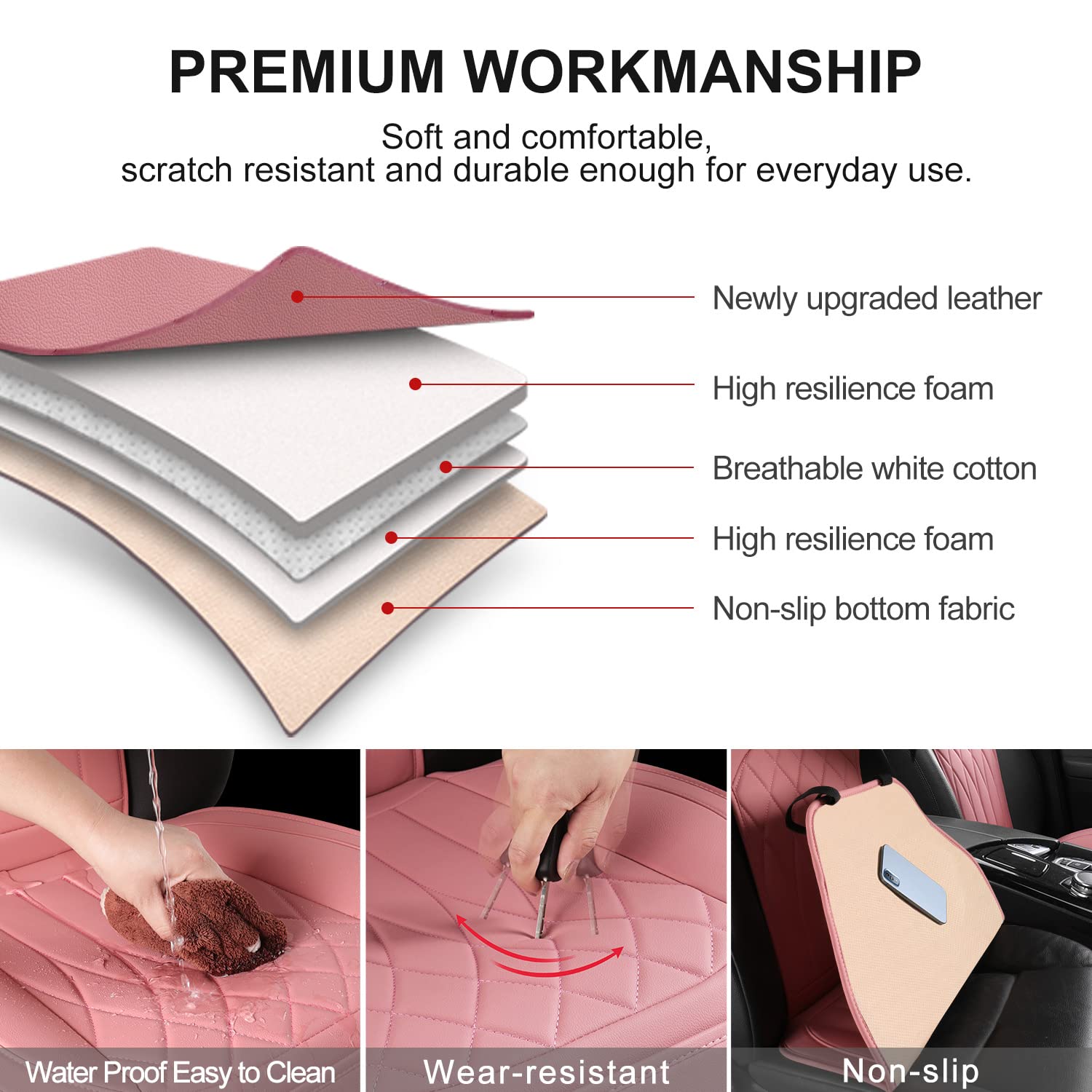 Beitk 2 Pack Leather Front Car Seat Covers, Universal Sideless Car Seat Protectors With Storage Pocket And Seat Belt Pads, Waterproof Automotive Seat Cover For Cars Trucks Suv(Pink)