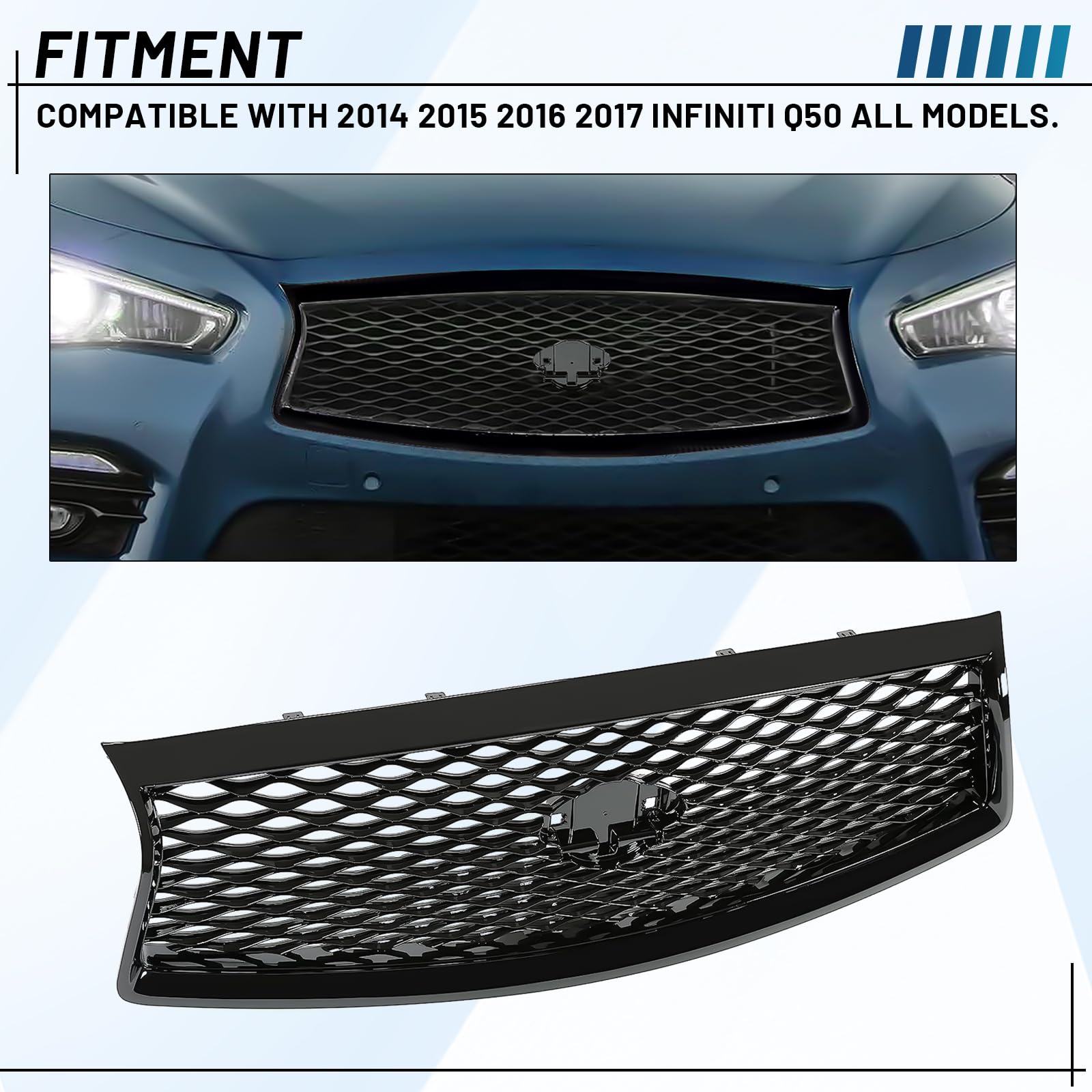 KUAFU Front Bumper Grill Compatible With 2014-2017 Infiniti Q50 All Models Center Grille Hood Mesh Conversion Kit ABS Plastic Bl