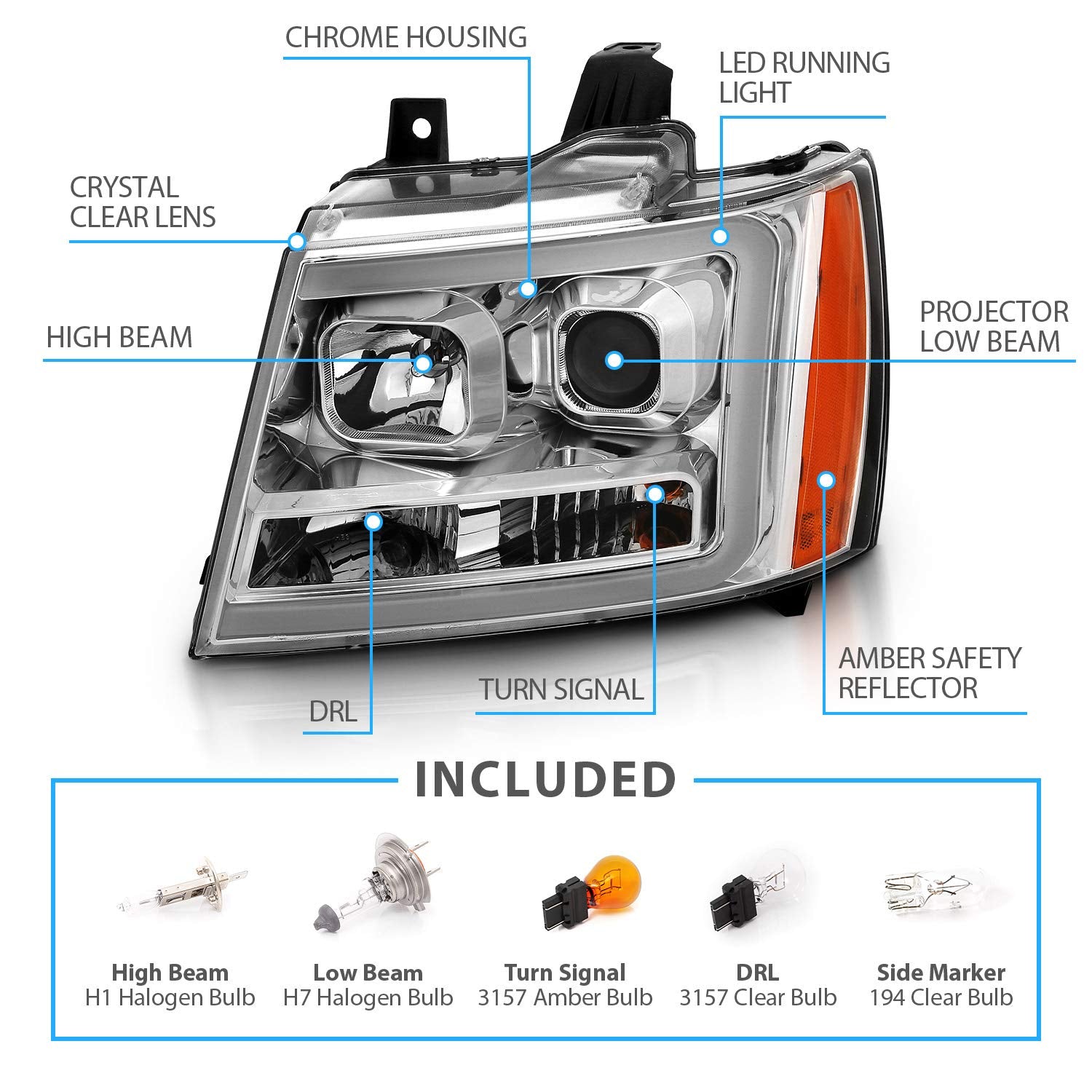 Amerilite For 2007-2013 Chevy Avalanche/Suburban/Tahoe Switchback Led Turn Siganl Tube Chrome Projector Headlights Assembly Pair