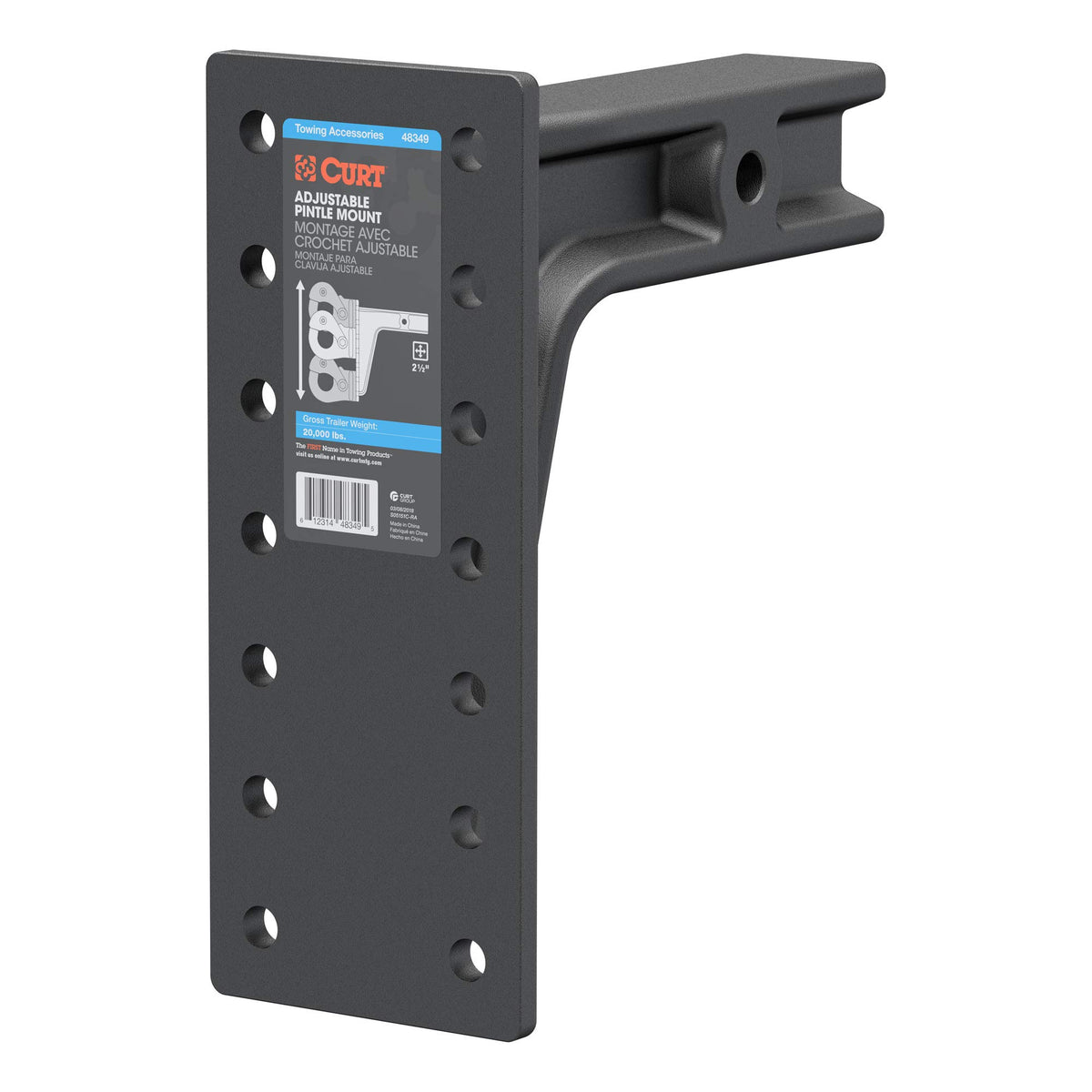 Curt 48349 Adjustable Pintle Mount For 2-1/2-Inch Hitch Receiver, 20,000 Lbs, 12-1/2-Inch Height, 10-3/4-Inch Length , Black