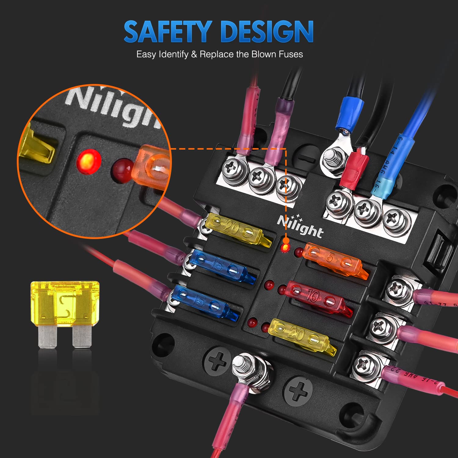 Nilight - 50055F 6 Way Blade Screw Fuse Block 6 Circuits With Negative Bus Fuse Box Holder With Led Indicator Ato/Atc Fuse Panel
