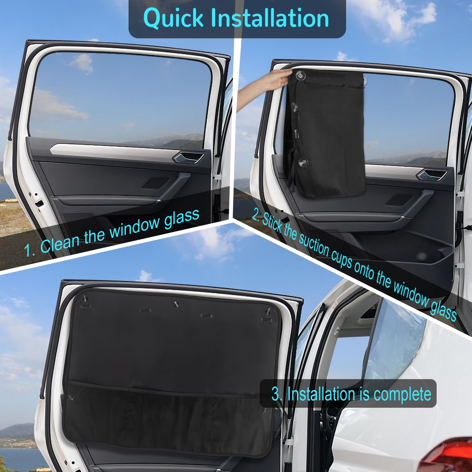 Car Sun Shade Side Window, 2 Pcs Blackout Car Window Shade for Baby Privacy with Storage Net Pockets Car Curtains 7 Suction Cups
