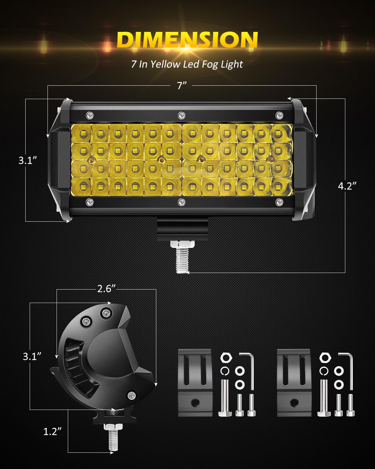 Amber Fog Lights 7 Inch 2Pcs Yellow 144W Led Light Bar Spot Beam Led Light Bar For Truck 11,520 Lm Quad Row Led Work Light Compa