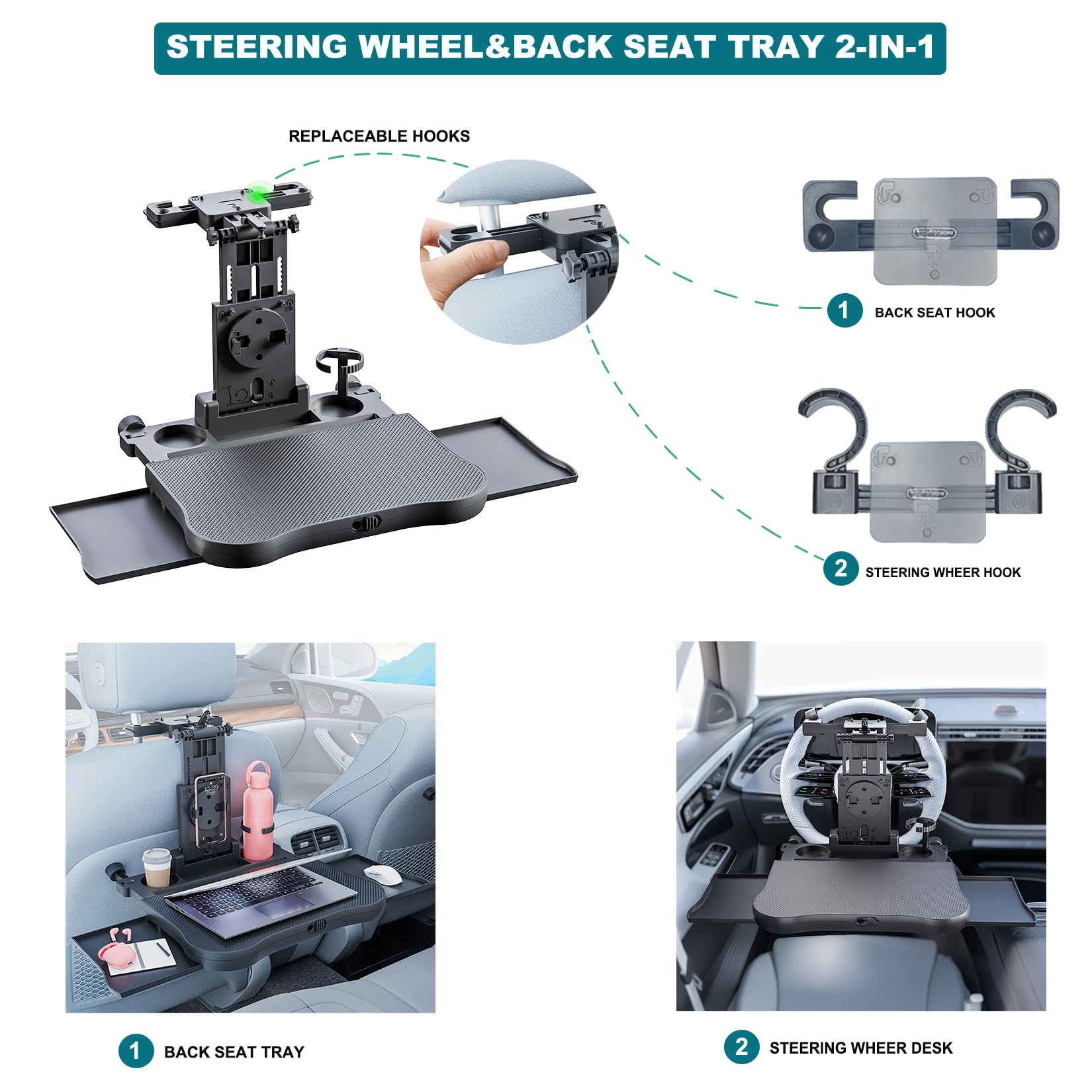 TUEOU Car Steering Wheel Tray Back Seat Tray,Extension Steering Wheel Desk Car Food Eating Tray Table,Car Laptop Desk with Phone