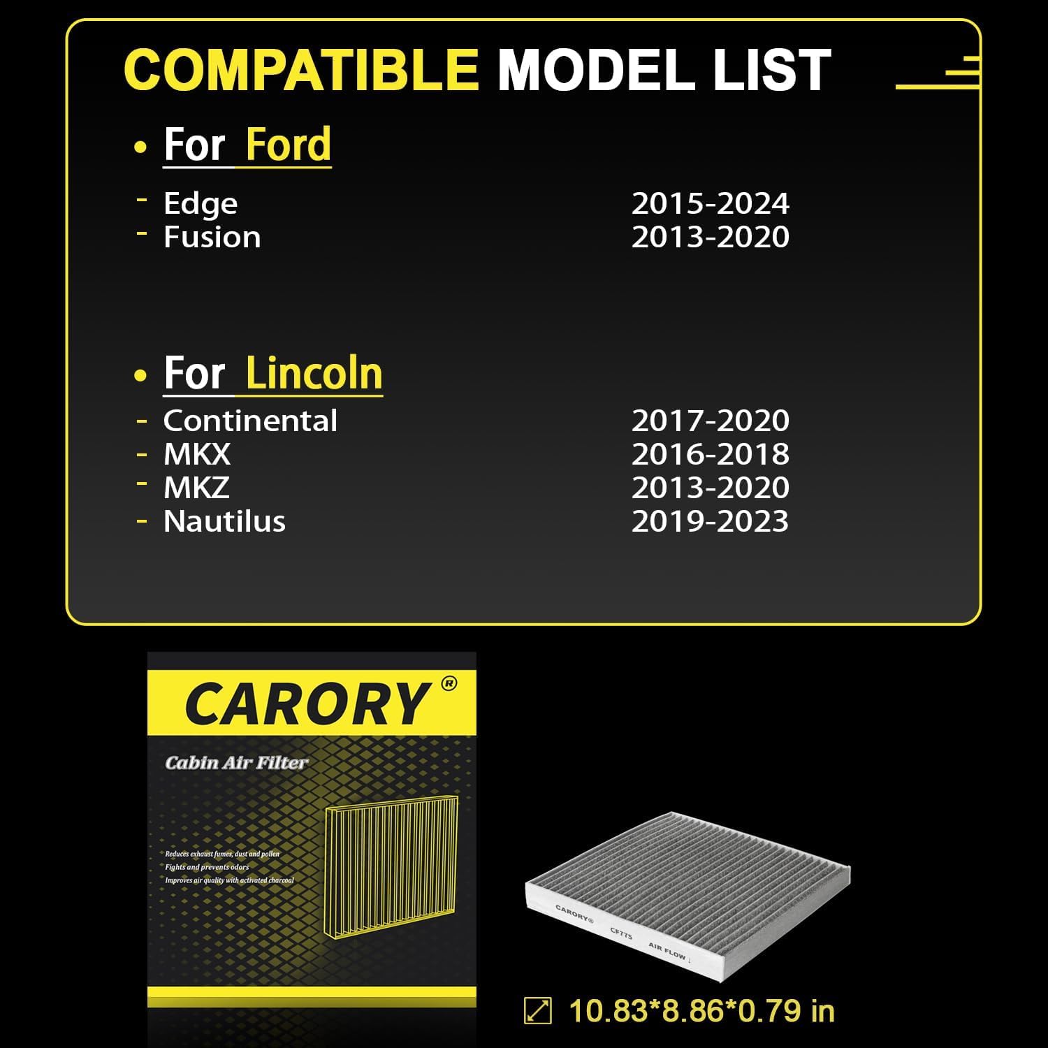 CARORY Cabin Air Filter w/Activated Carbon for Ford Edge 2015-2024, Fusion 2013-2020, Lincoln Continental 2017-2020, MKX 2016-20