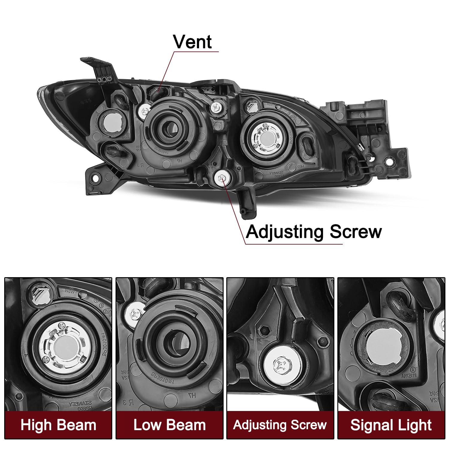 Jsboyat Halogen Headlight Assembly Compatible With 2004-2009 Mazda 3 Sedan 4-Door Driver And Passenger Side Black Housing With Clear Reflector (Bulbs Included)
