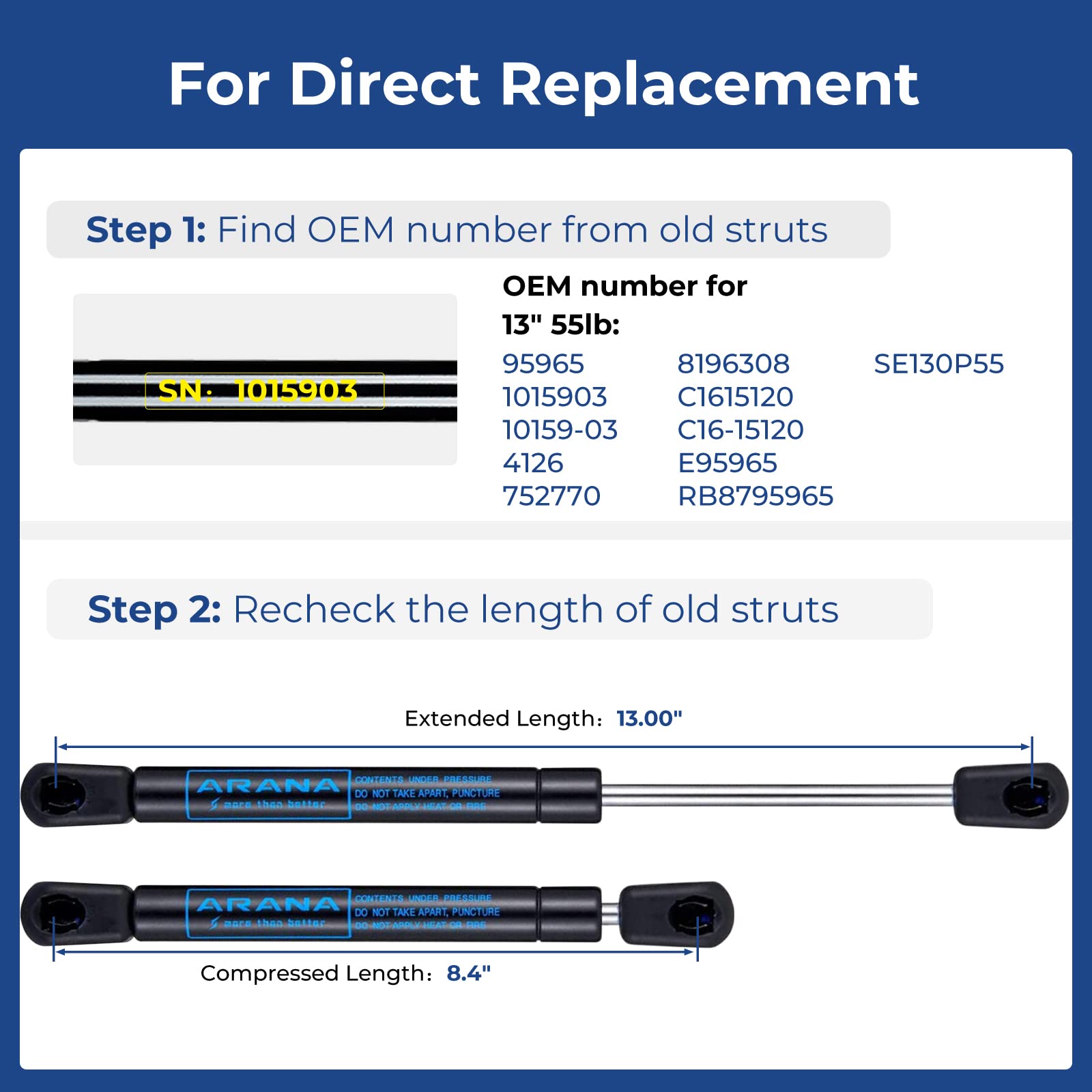 Arana 1015903 13 Inch 55Lb Gas Spring Struts, C1615120 13 '' 245N Shocks Lift Support For Tool Box Lid Truck Topper Camper Shell